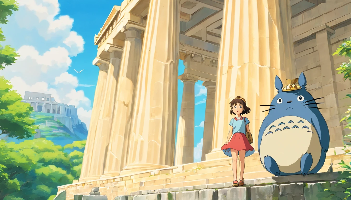 Ghibli style,Greece,((The background is the Parthenon)),((Totoro and the Pretty Girl))