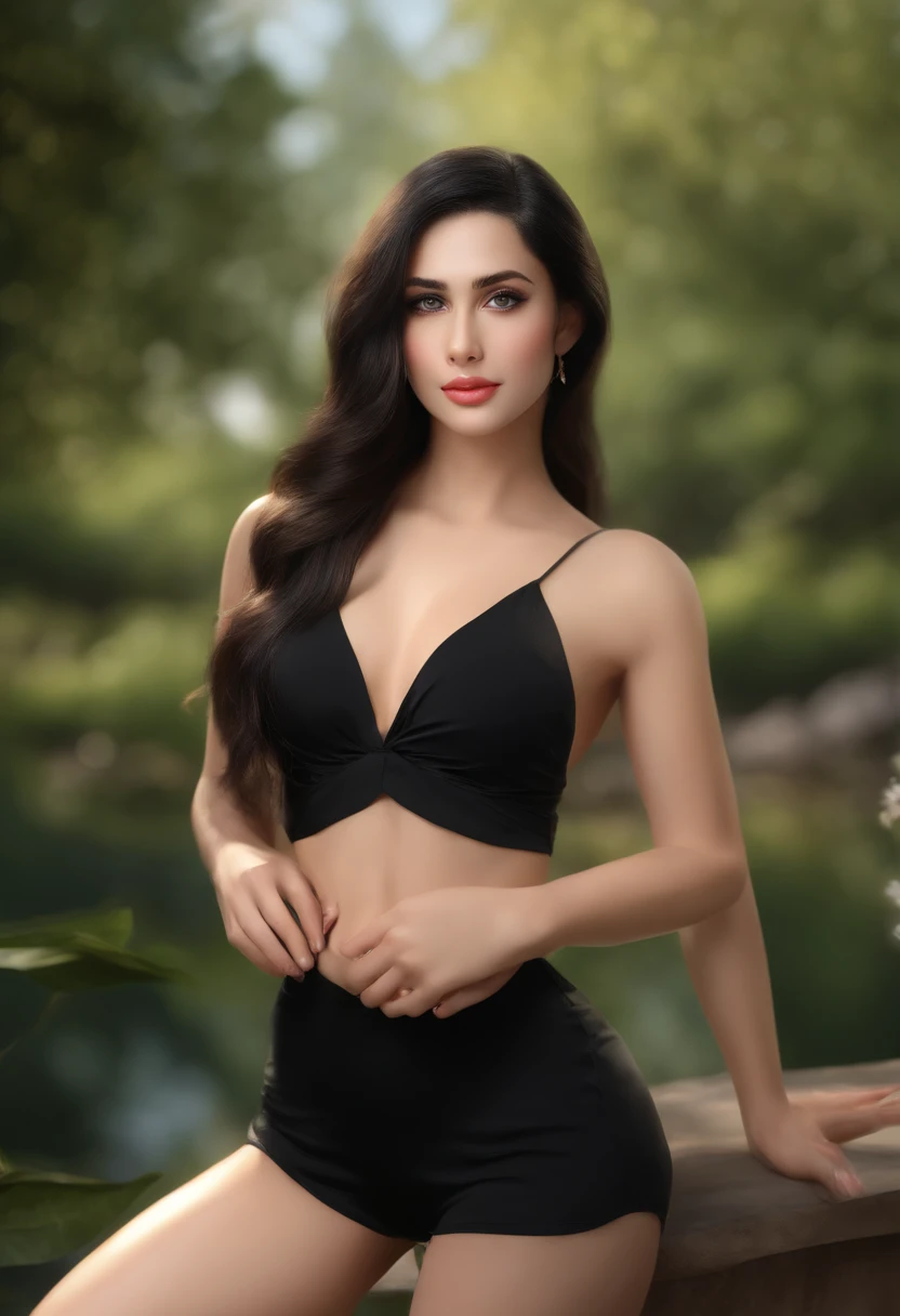 (best quality,4k,8k,highres,masterpiece:1.2),ultra-detailed,(realistic,photorealistic,photo-realistic:1.37),beautiful detailed eyes,beautiful detailed lips,extremely detailed eyes and face,long eyelashes,1girl,black hair and black eyes,barefoot,relaxed pose,wearing a black bikini,graceful expression,stretching lazily,medium:oil painting,dreamy atmosphere,soft lighting,vibrant colors,subtle shadows,serene garden setting,lush greenery,whispering breeze,flowers blooming,peaceful ambiance.