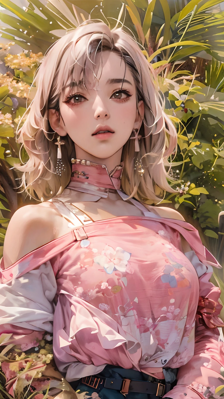 ((Extreme Detail)),(Ultra-detailed), the Extremely Detailed CG Unity 8K Wallpapers,Best Quality, masutepiece, Emily_T8, off shoulders,  Pink crop top,