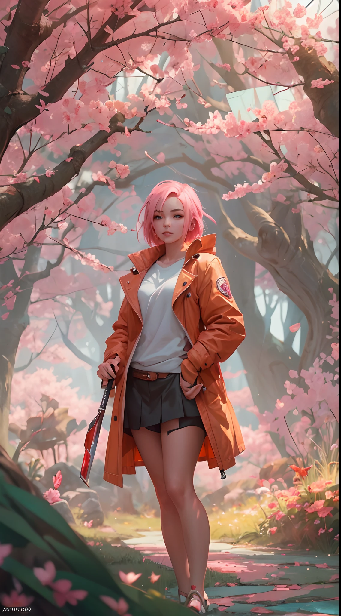 Sakura haruno, seductive, ((forehead to show)), attractive, sexy eyes, red coat, pink hair, delicate, young, short hair, detailed face, high definition, full body, from League of Legends, trend in artstation, by rhads, andreas rocha, rossdraws, makoto shinkai, laurie greasley, lois van baarle, ilya kuvshinov and greg rutkowski