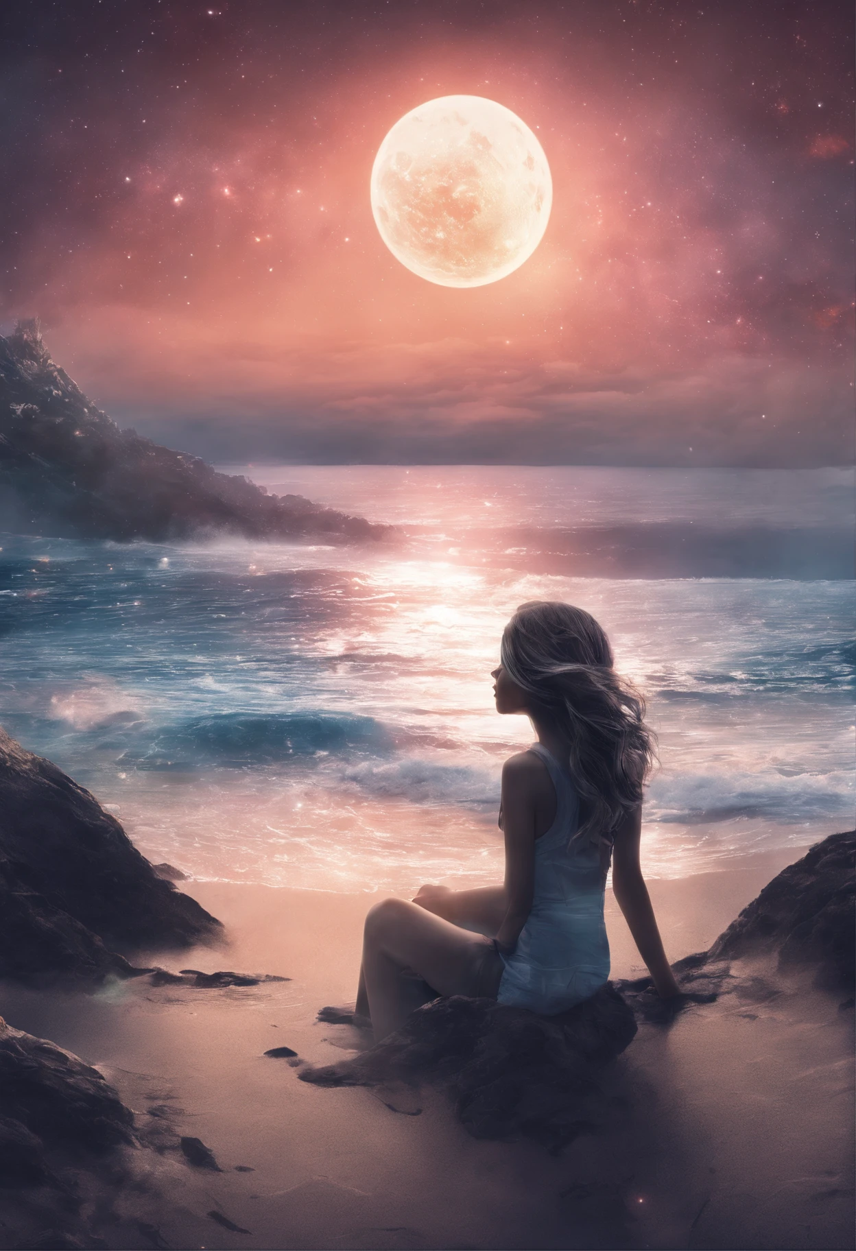 (masterpiece, best quality: 1.2), ultra detailed, cinematic lighting, HDR, illustration, landsape, 1girl, (soft colors), post-apocalyptic beach, the night, desolate atmosphere, girl sitting on the sand, covered vegetation, (overcast sky), waves crashing on the coast, (melancholic but hopeful), quiet moment of respite, (detailed textures), windswept hair, cloudy at night