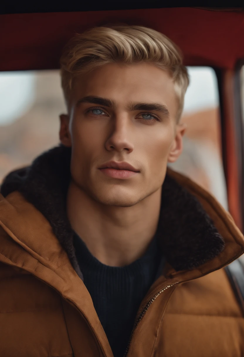 photography, male perfection, strong jawline, full lips, Roman nose, short blonde hair, hazel eyes, hyper realistic, 8k --v 4