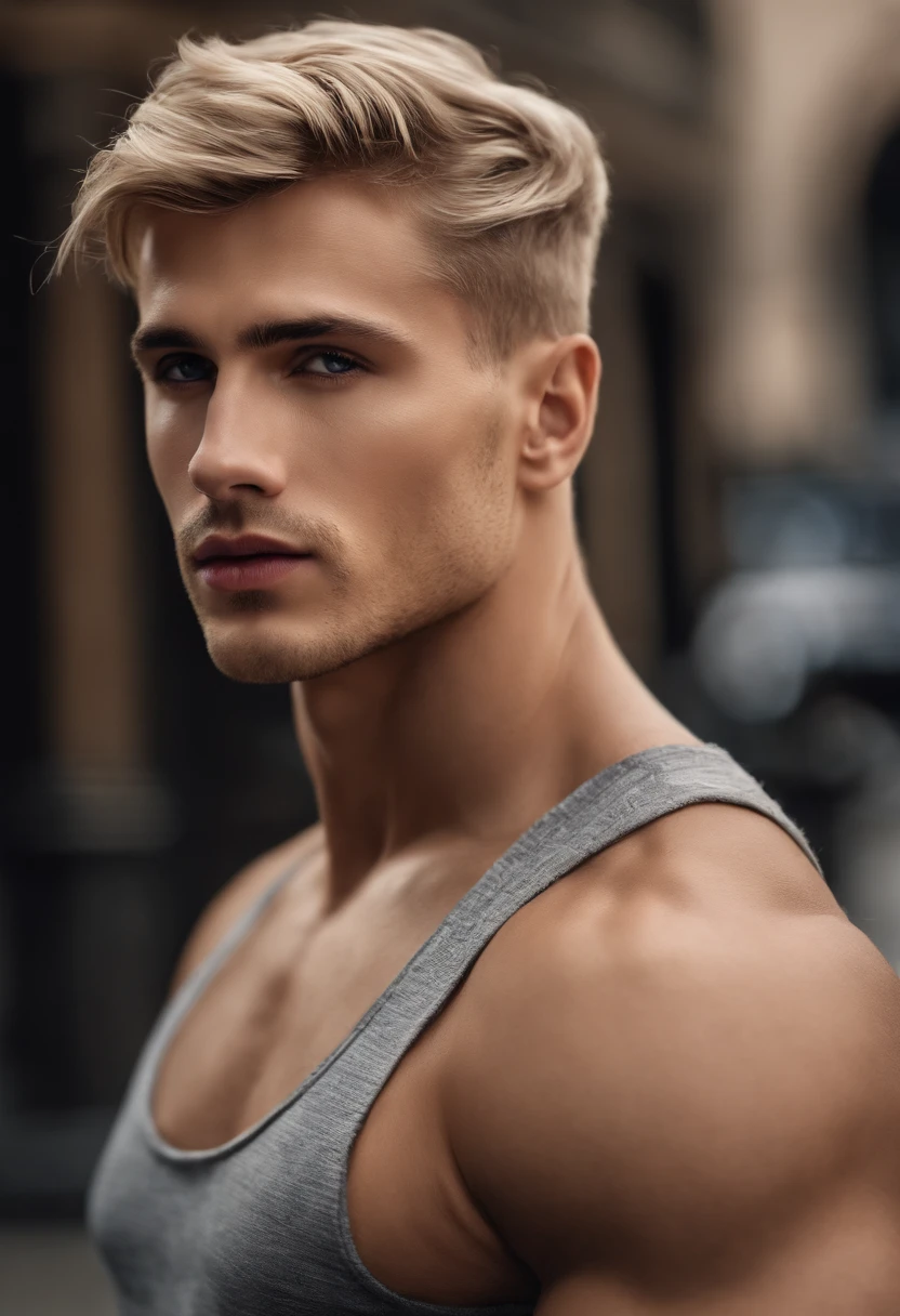 photography, male perfection, strong jawline, full lips, Roman nose, short blonde hair, hazel eyes, hyper realistic, 8k --v 4