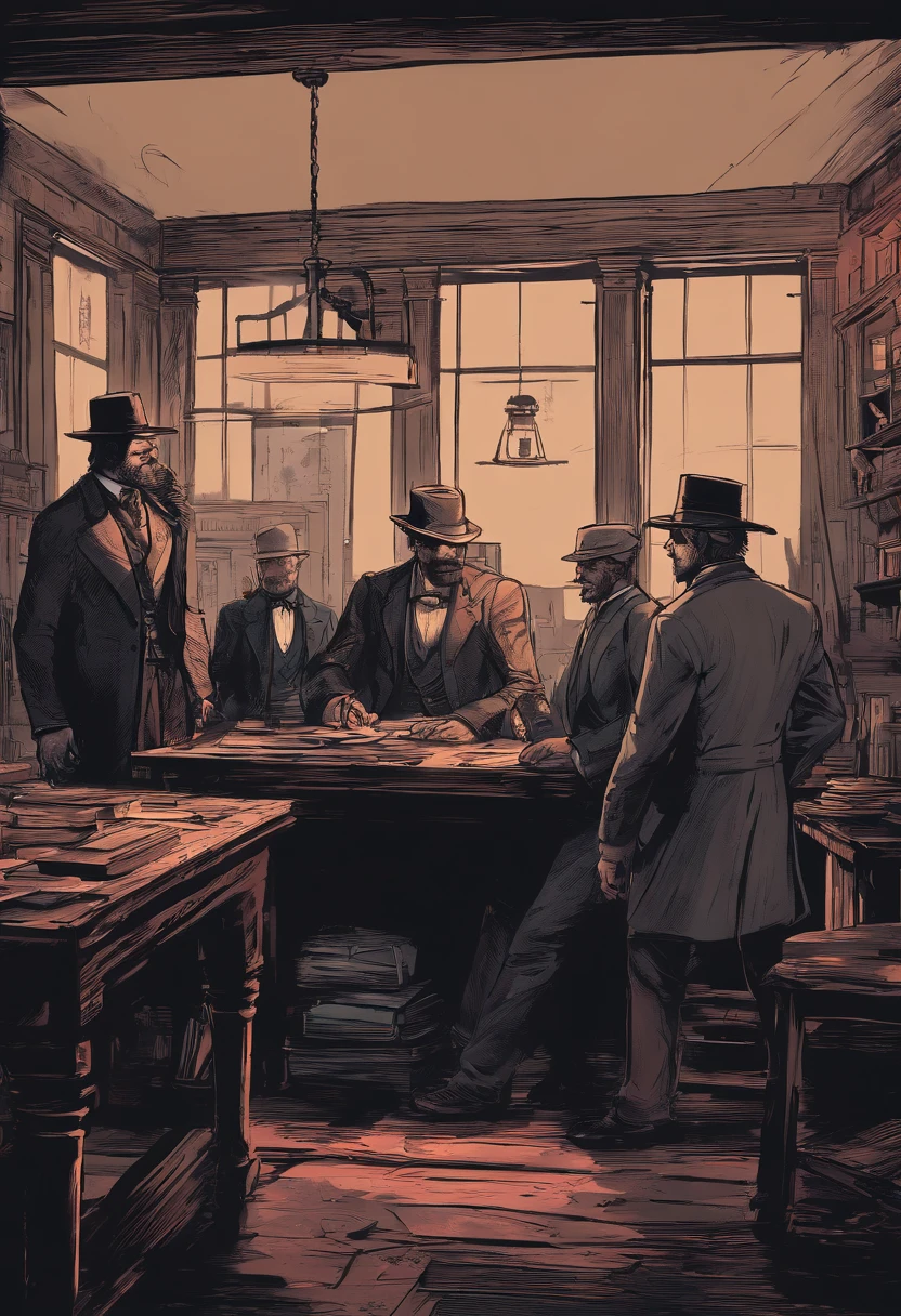 (best quality, 4k, highres, masterpiece:1.2), (realistic:1.37), ultra-detailed, Red Dead Redemption 2 art style, Pinkerton detective, Pinkerton detective in a suit, western town of Saint Denis in 1907, dimly lit room, six Pinkerton agents standing around a table, Pinkerton detective's office, black suits.six pinkerton detectives, 6men,interior scene