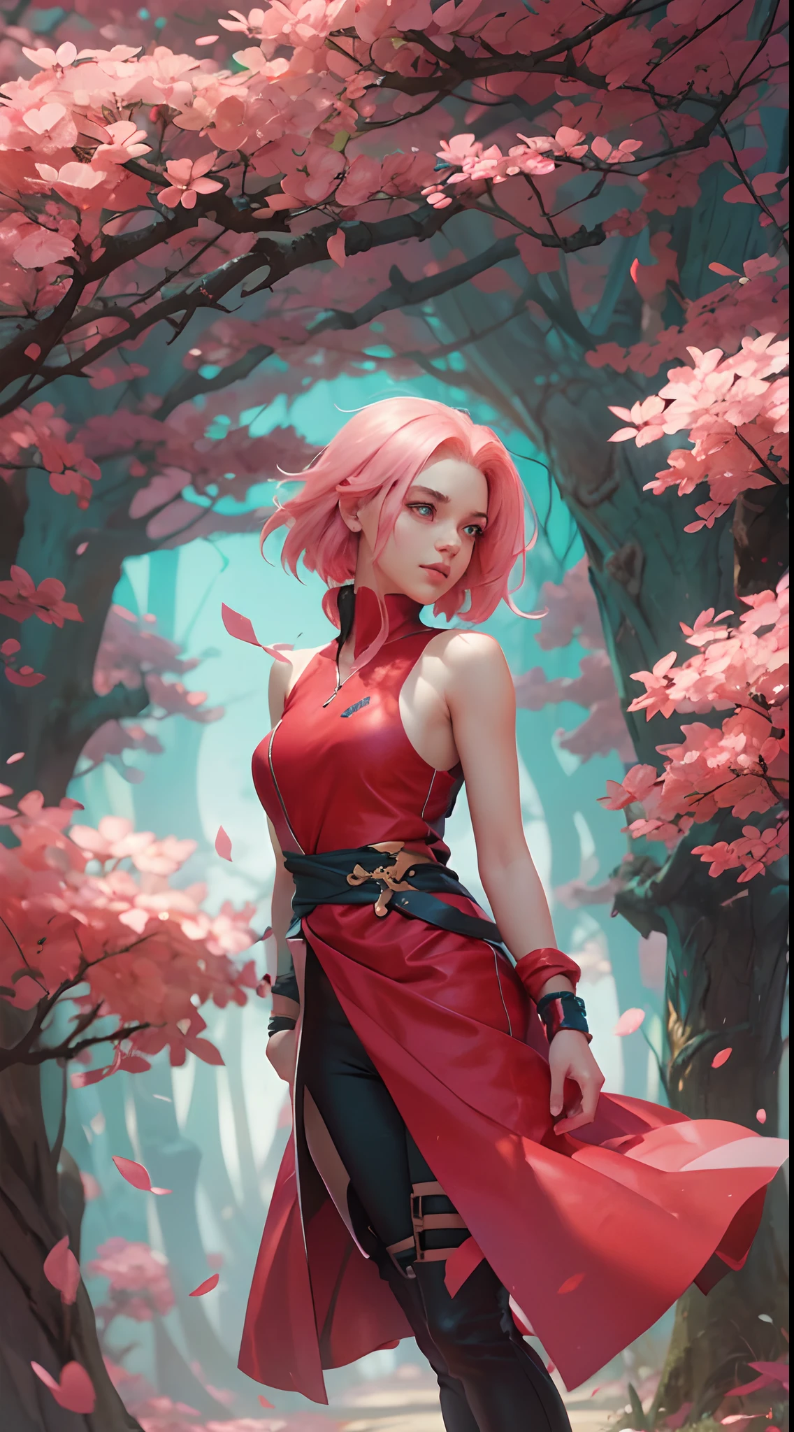 Sakura haruno, seductive, ((forehead to show)), attractive, sexy eyes, red coat, pink hair, delicate, young, short hair, detailed face, high definition, full body, from League of Legends, trend in artstation, by rhads, andreas rocha, rossdraws, makoto shinkai, laurie greasley, lois van baarle, ilya kuvshinov and greg rutkowski