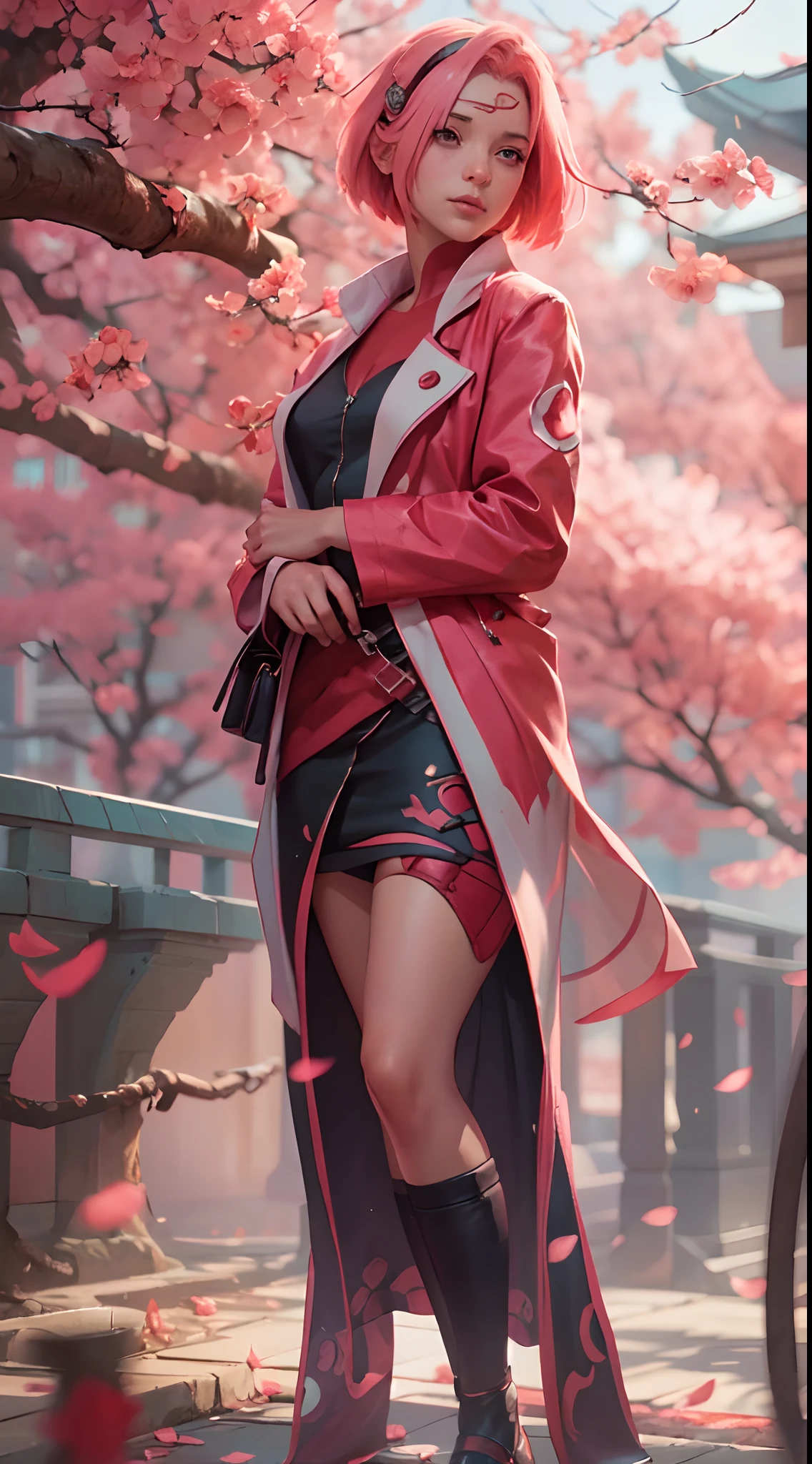 Sakura haruno, seductive, ((forehead to show)), attractive, sexy eyes, red coat, pink hair, delicate, young, short hair, detailed face, high definition, full body, from League of Legends, trend in artstation, by rhads, andreas rocha, rossdraws, makoto shinkai, laurie greasley, lois van baarle, ilya kuvshinov and greg rutkowski