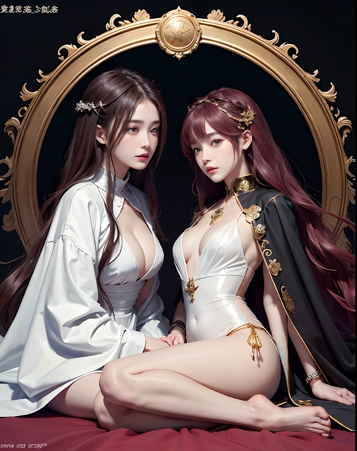 Official art、Priestess of Time、The background is reminiscent of the passage of time、You can see a lot of watches and a lot of watch parts.、Two beautiful women in black robes with open breasts and beautiful women in white robes with open breasts、The costumes of the two are contrasting、PerfectNwsjMajic,(masterpiece、top-quality、top-quality、Official art、Beautifully Aesthetic:1.2)、(2girls)、ighly detailed、colourfull、highestdetailed、Official art、Unity 8k壁纸、ultra-detailliert、Beautifully Aesthetic、Beautiful face in detail、masterpiece、top-quality、(Zentangle、a Mandala、Tangles、Entanglement)、Holy Light、pure、There are also resilient messages, Overcoming and hope. Breasts are small and B size、A slender、The chest is open、Eyes are double(A detailed eye), Beautifully detailed、Hair that flutters in the wind、Maroon Gradient Hair Color、Hair color is contrasting、high-heels、Gold Anklet、Two people praying on a large dial、Background with、Beautiful girls staring at each other on a large dial、Child two girl twin look like each other one is jealous of other but other one is calm but jealous one is smiling brighty thinking that she better than her