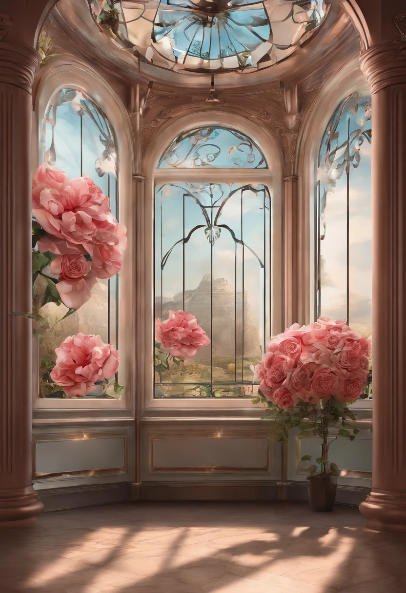 A rendering of a large rose flower shape，There are windows，There is a doorway，Renderings of the exhibition hall，Disney style， 3D modeling，C4D style，wide wide shot，8K，