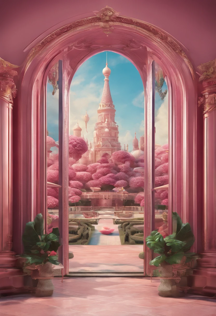 A rendering of a large rose flower shape，There are windows，There is a doorway，Renderings of the exhibition hall，Disney style， 3D modeling，C4D style，wide wide shot，8K，