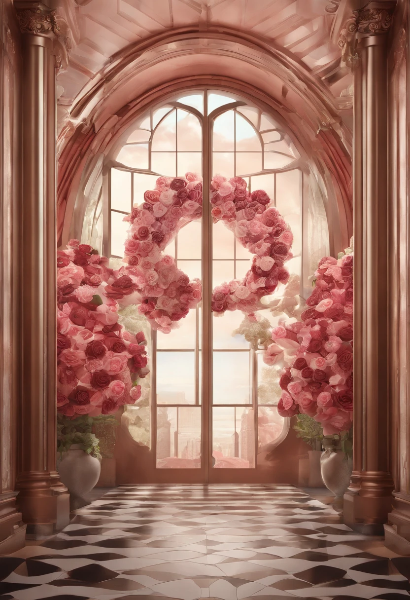 A rendering of a large rose flower shape，There are windows，There is a doorway，Renderings of the exhibition hall，Disney style， 3D modeling，C4D style，wide wide shot，8K，