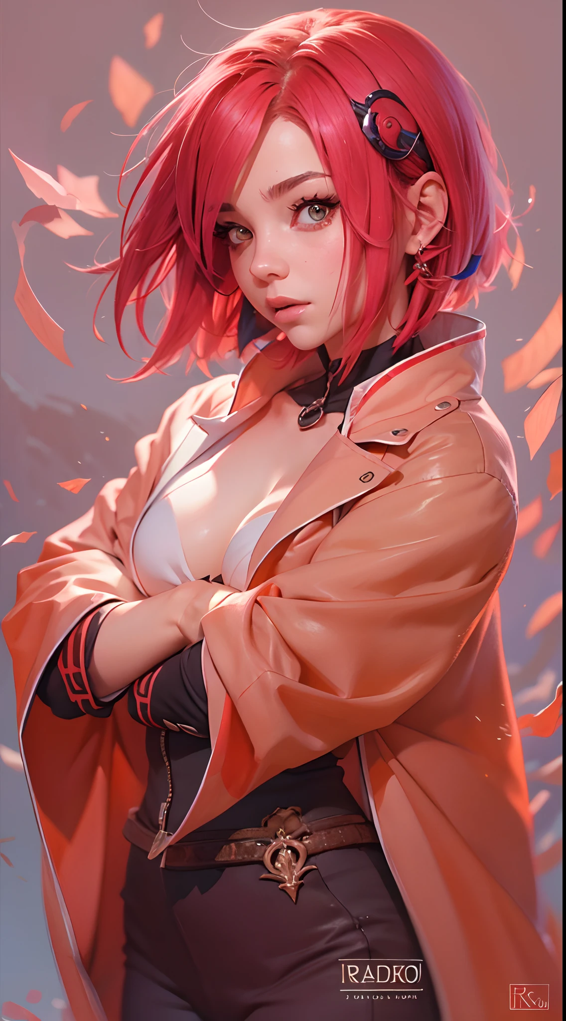 Sakura haruno, seductive, ((forehead to show)), attractive, sexy eyes, red coat, pink hair, delicate, young, short hair, detailed face, high definition, full body, from League of Legends, trend in artstation, by rhads, andreas rocha, rossdraws, makoto shinkai, laurie greasley, lois van baarle, ilya kuvshinov and greg rutkowski