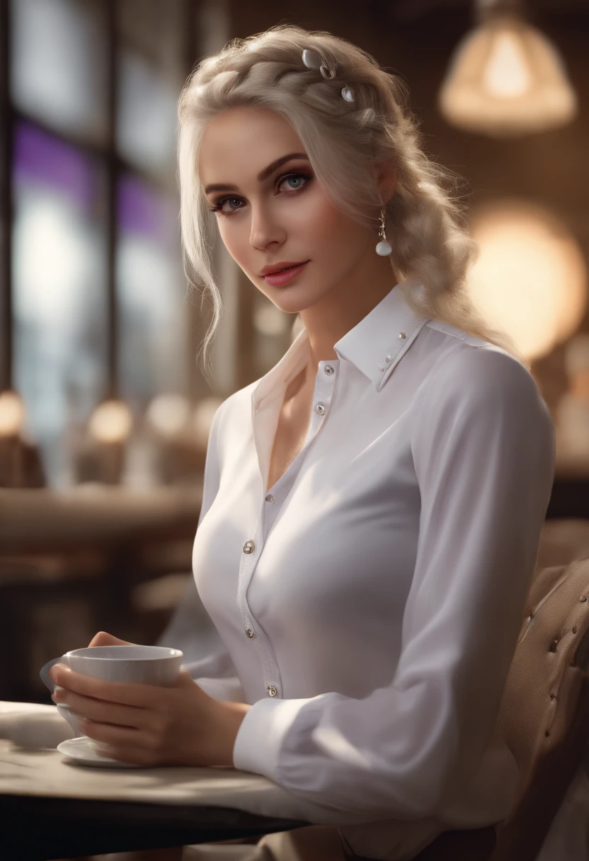 At best....., high-detail, master-piece, ultra-detail, (Realistic:1.2), 1girls, ( Cafe Background),, delicate eyes, silver-haired, purple eyes, Hair ornaments, (Clear Buttons White Tight Office Shirt:1.3),Hair length, light_ear, diadem_braid, expressionless, straight hair, (++ Seated: 1.2), large boobs,lifelike,soft colors,Wear glasses