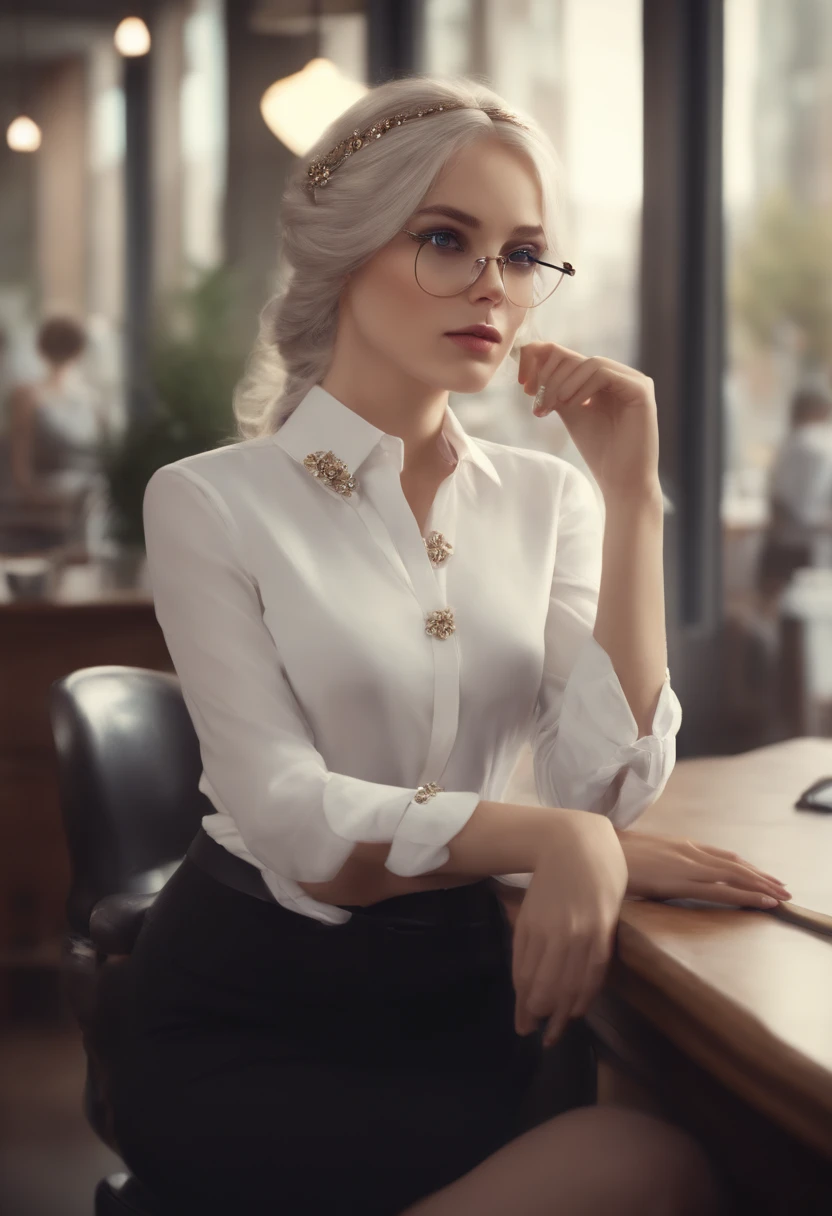 At best....., high-detail, master-piece, ultra-detail, (Realistic:1.2), 1girls, ( Cafe Background),, delicate eyes, silver-haired, purple eyes, Hair ornaments, (Clear Buttons White Tight Office Shirt:1.3),Hair length, light_ear, diadem_braid, expressionless, straight hair, (++ Seated: 1.2), large boobs,lifelike,soft colors,Wear glasses