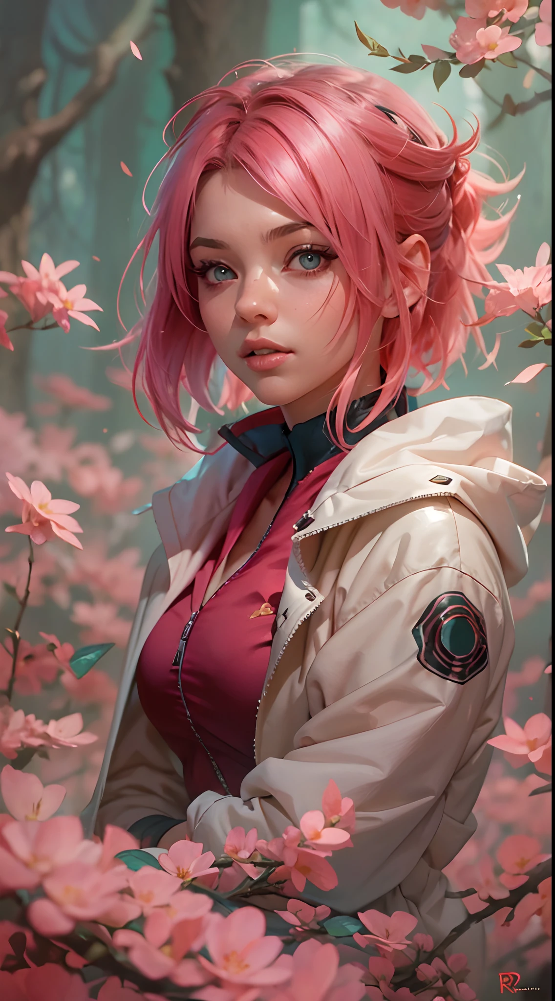 masterpiece, absurdness, 1girl with pink hair, green eyes, sharingan, (((Haruno Sakura))), (Naruto Shippuden), solo, wearing red jacket, looking at viewer, floating hair, anime style 4 k, realistic anime art style, anime style. 8k, beautiful anime girl