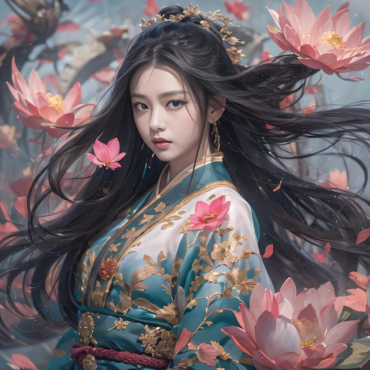 32K（tmasterpiece，k hd，hyper HD，32K）Long flowing black hair，ponds，zydink， a color， Aozhou people （Concubine girl）， （Silk scarf）， Combat posture， looking at the ground， long whitr hair， Floating hair， Carp pattern headdress， Chinese long-sleeved clothing， （abstract ink splash：1.2）， Pink petal background，Pink and white lotus flowers fly（realisticlying：1.4），Black color hair，Fallen leaves flutter，The background is pure， A high resolution， the detail， RAW photogr， Sharp Re， Nikon D850 Film Stock Photo by Jefferies Lee 4 Kodak Portra 400 Camera F1.6 shots, Rich colors, ultra-realistic vivid textures, Dramatic lighting, Unreal Engine Art Station Trend, cinestir 800，Long flowing black hair，Denim skirt