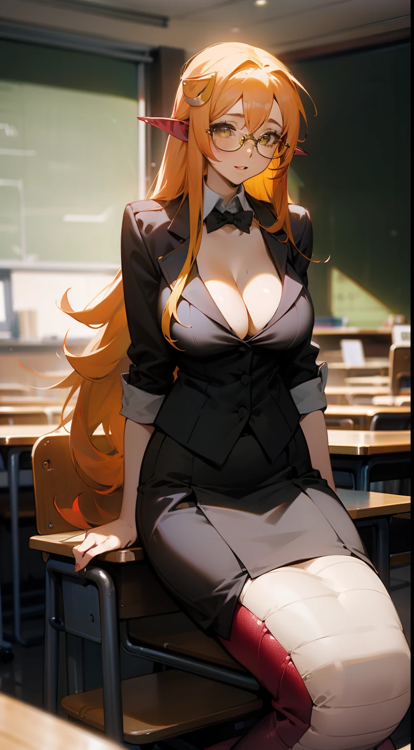 1woman,teacher,glasses,solo,black teacher outfit,sexy,long hair,cleavage,half lamia,yellow hair,classroom,seated