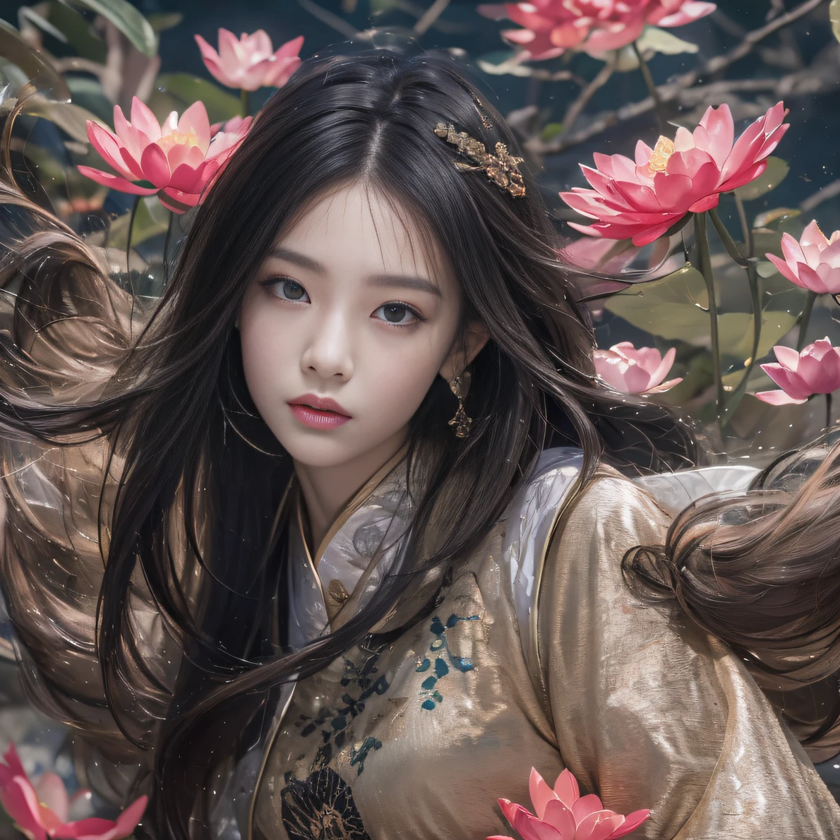 32K(tmasterpiece,k hd,hyper HD,32K)Long flowing black hair,ponds,zydink, a color, Aozhou people (Concubine girl), (Silk scarf), Combat posture, looking at the ground, long whitr hair, Floating hair, Carp pattern headdress, Chinese long-sleeved clothing, (abstract ink splash:1.2), Pink petal background,Pink and white lotus flowers fly(realisticlying:1.4),Black color hair,Fallen leaves flutter,The background is pure, A high resolution, the detail, RAW photogr, Sharp Re, Nikon D850 Film Stock Photo by Jefferies Lee 4 Kodak Portra 400 Camera F1.6 shots, Rich colors, ultra-realistic vivid textures, Dramatic lighting, Unreal Engine Art Station Trend, cinestir 800,Long flowing black hair,Denim skirt
