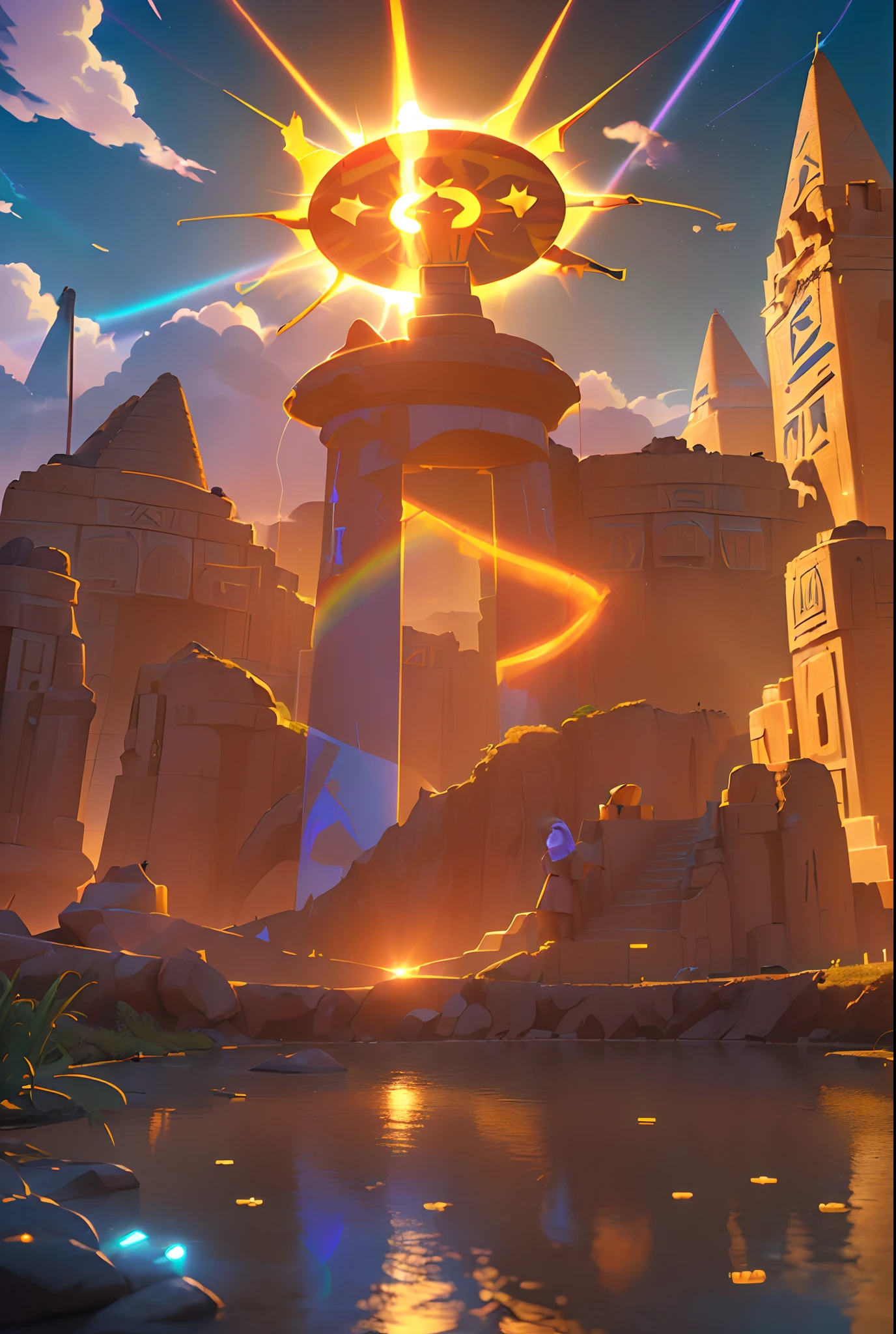 (Dynamic Angle:1.4), ((Full body posing:1.5), (Colorful:1.2), (Highly detailed CG Unity 16K wallpaper:1.1), (Denoising strength: 1.45), (tmasterpiece:1.37), ((Official art)), of the highest quality, (Realistic), (Male child:1.5), (Short-cut hair:1.2),(Costume of Sun God Ra:1.5),Golden hair,Glowing eyes,(yellow eyes:1.2),((Poses in motion:1.4)),((Costume of Sun God Ra:1.3)),wires, (LED:1.3), (a hologram:1.2),(The sun overhead:1.3), Streets of Egypt, (Night:1.2), (Rainbow Model:1.2), 8K resolution, (Anime style:1.3), Cinematic lighting, chromatic abberation, spark of light, Ray tracing, blending, ultra wide-angle, Hasselblad, (masutepiece), (masutepiece), ((Best Quality)), ((masutepiece)), nffsw