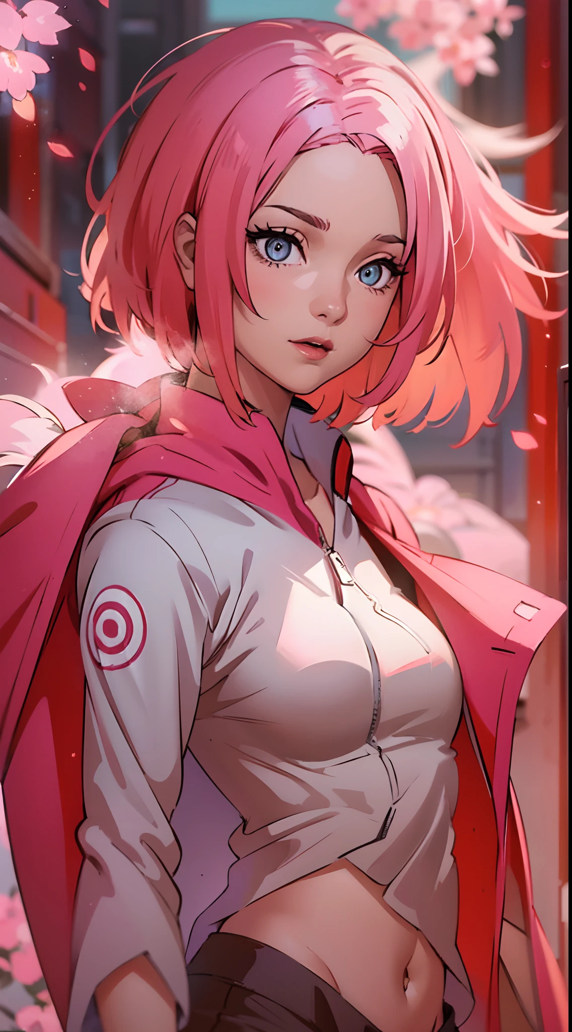 Sakura haruno, seductive, ((forehead to show)), attractive, sexy eyes, red coat, pink hair, delicate, young, short hair, detailed face, high definition, full body, from League of Legends, trend in artstation, by rhads, andreas rocha, rossdraws, makoto shinkai, laurie greasley, lois van baarle, ilya kuvshinov and greg rutkowski