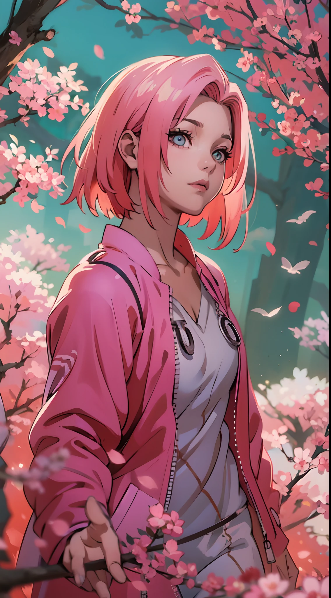 Sakura haruno, seductive, ((forehead to show)), attractive, sexy eyes, red coat, pink hair, delicate, young, short hair, detailed face, high definition, full body, from League of Legends, trend in artstation, by rhads, andreas rocha, rossdraws, makoto shinkai, laurie greasley, lois van baarle, ilya kuvshinov and greg rutkowski