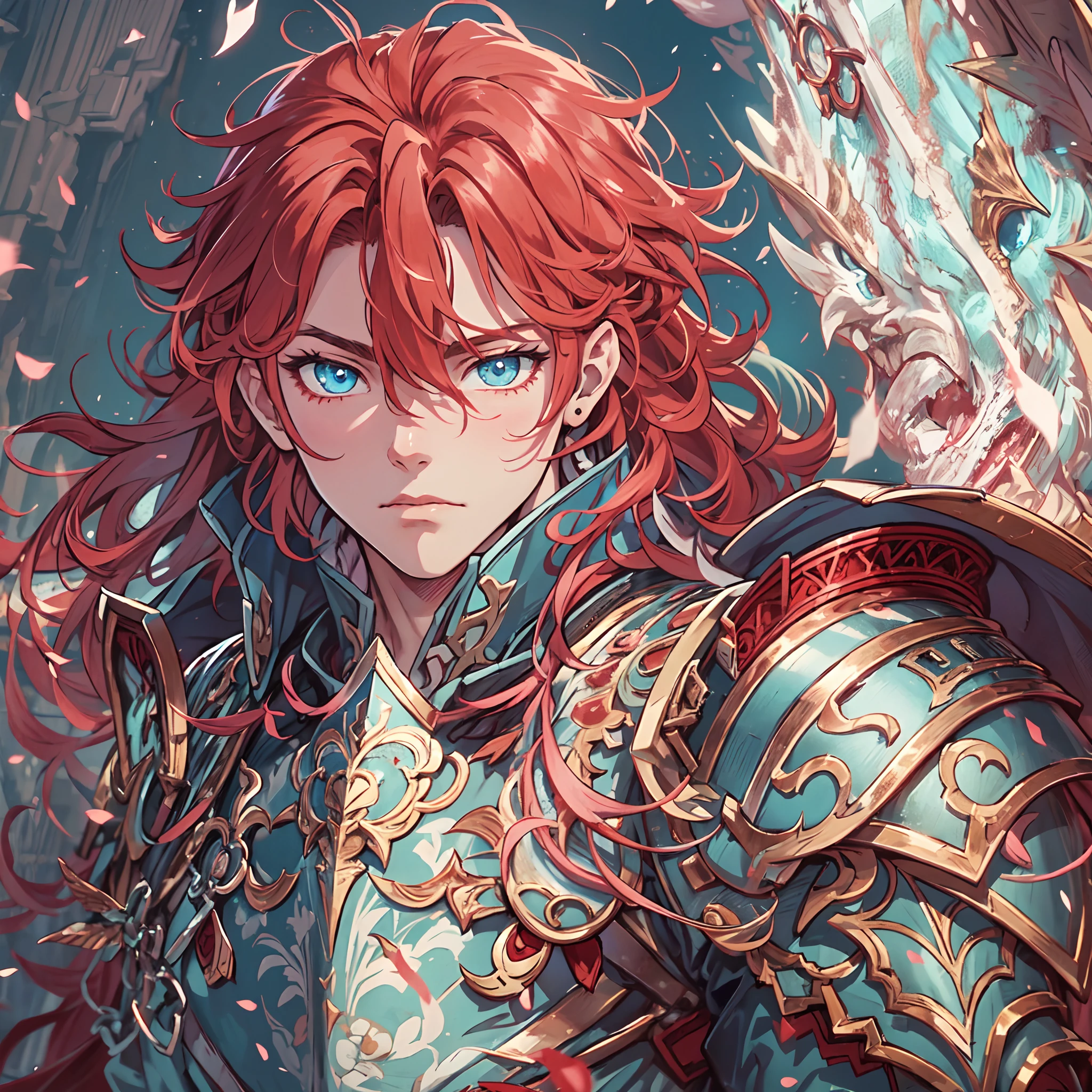 Ultra High Definition, Ultra High Quality, Extremely Detailed, Perfectly Detailed, Masterpiece, 8k, 1 Boy, Look A Like Xin From Kingdom Anime, Handsome, Equipped With Paladin Armor, Solid Light Blue Eyes, Long Red Hair, Body Shot, Ancient Kingdom Background