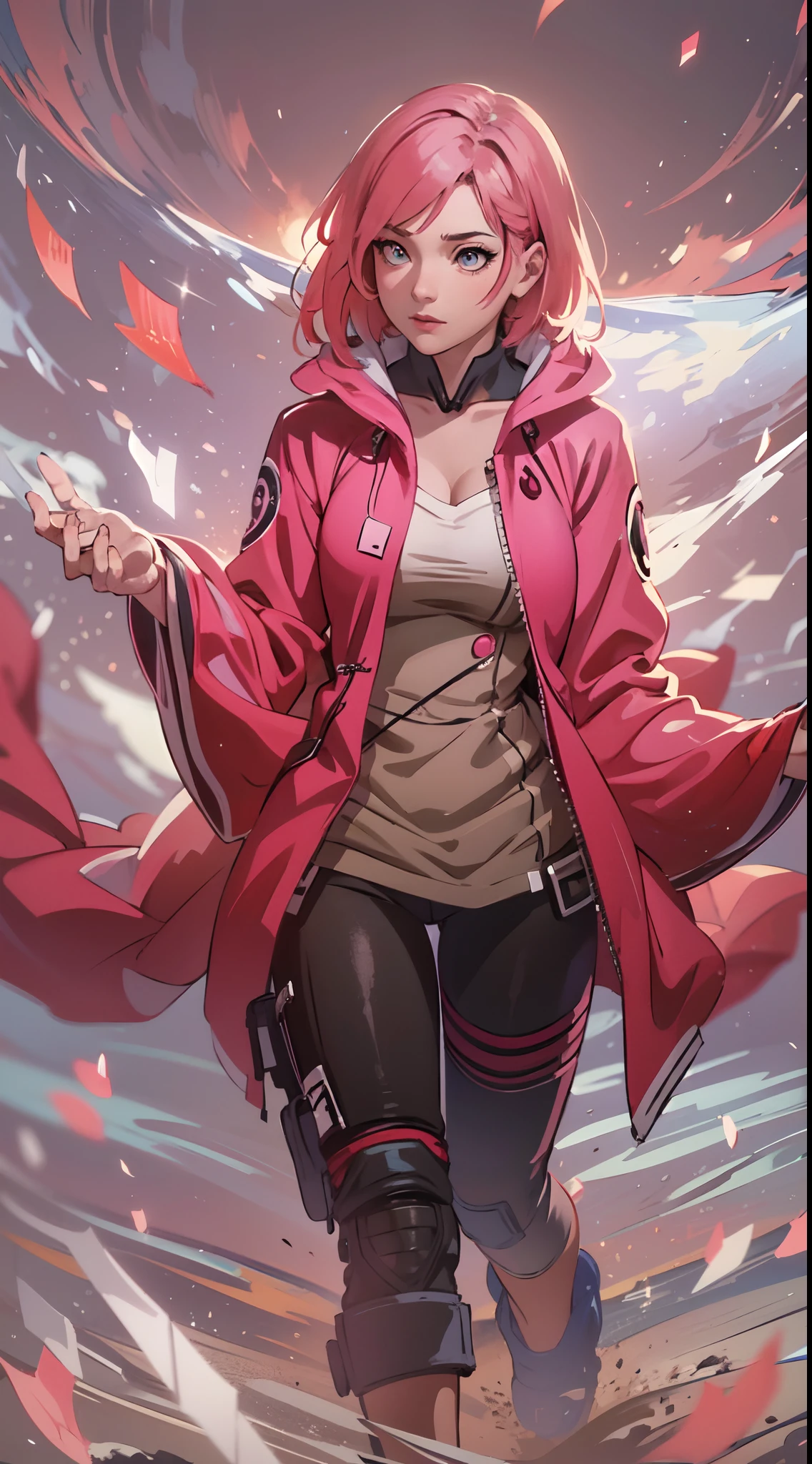 Sakura haruno, seductive, ((forehead to show)), attractive, sexy eyes, red coat, pink hair, delicate, young, short hair, detailed face, high definition, full body, from League of Legends, trend in artstation, by rhads, andreas rocha, rossdraws, makoto shinkai, laurie greasley, lois van baarle, ilya kuvshinov and greg rutkowski