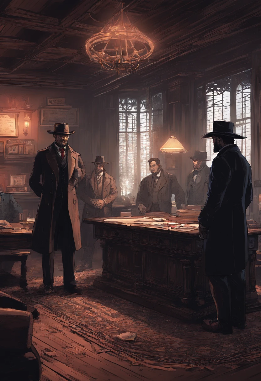(best quality, 4k, highres, masterpiece:1.2), (realistic:1.37), ultra-detailed, Red Dead Redemption 2 art style, Pinkerton detective, Pinkerton detective in a suit, western town of Saint Denis in 1907, dimly lit room, six Pinkerton agents standing around a table, Pinkerton detective's office, black suits.six pinkerton detectives, 6men,interior scene
