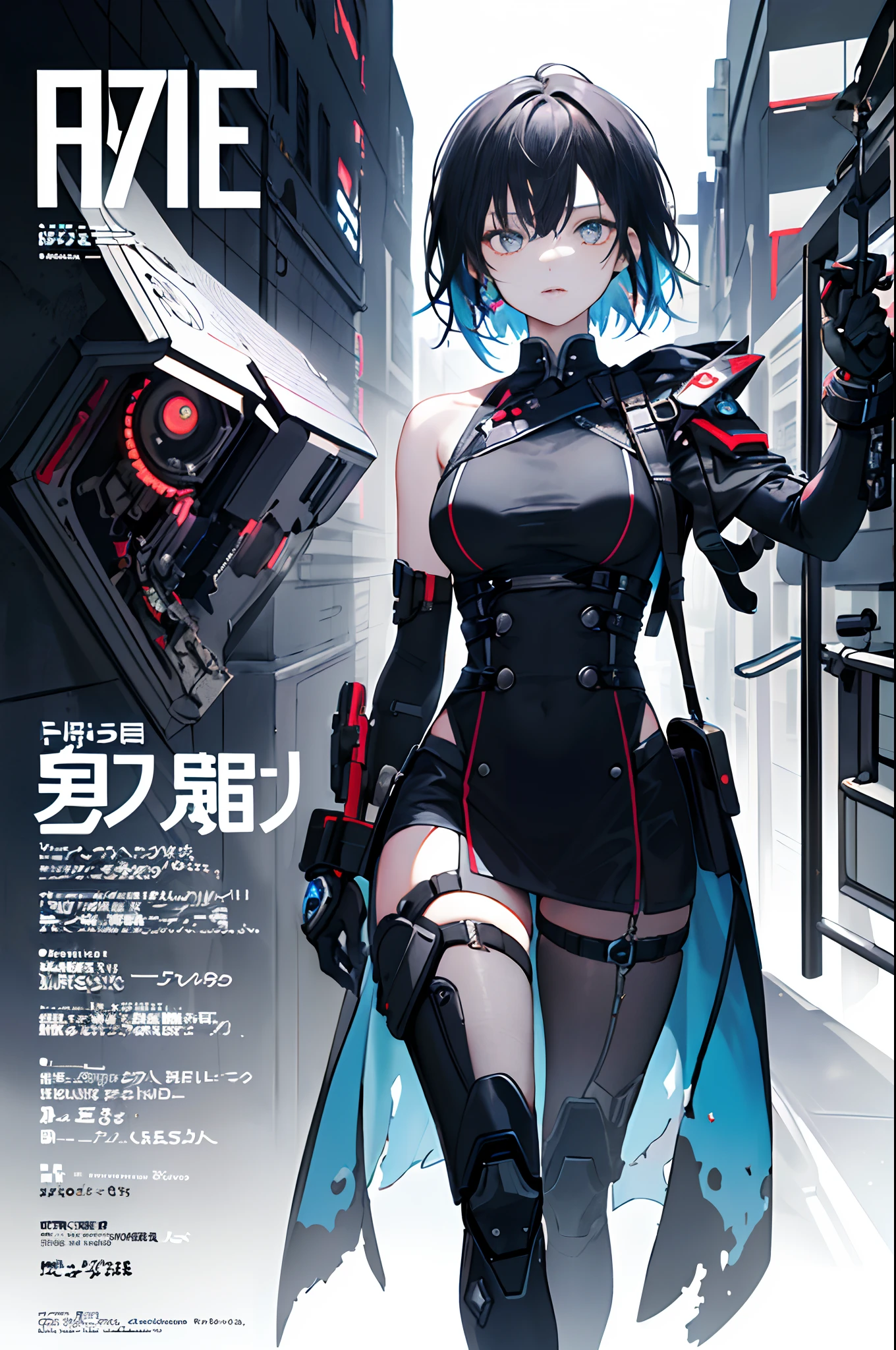 ((((Dramatic))), (((grittiness))), (((Intense))) The movie poster features a young woman as the central character。She stands confidently in the center of the poster，Wear fashion-forward cyborg-futuristic outfits，with a determined expression on her face。The background is dark and gritty，There is a sense of danger and a strong feeling。The text is bold and eye-catching，With catchy slogans，Adds to the overall drama and excitement。The color palette is dominated by dark colors，Dotted with bright colors，Make the poster dynamic and visually striking，tachi-e (Magazines:1.3), (Cover-style:1.3), Fashionab, woman, vibrant, Outfit, posing on a, Front,rich colourful，dyna，Background with，element in，self-assured，Expressing the，halter，statement，Attachment，A majestic，coil，Runt，Touching pubic area，Scenes，text，Cover of a，boldness，attention-grabbing，titles，Fashionab，typeface，Catchy，titles，more big，Smart、moderno、Trendy、focus-on、Fashionab、，tmasterpiece，Need，Best quality at best，Hyper-detailing，8K ，hyper HD