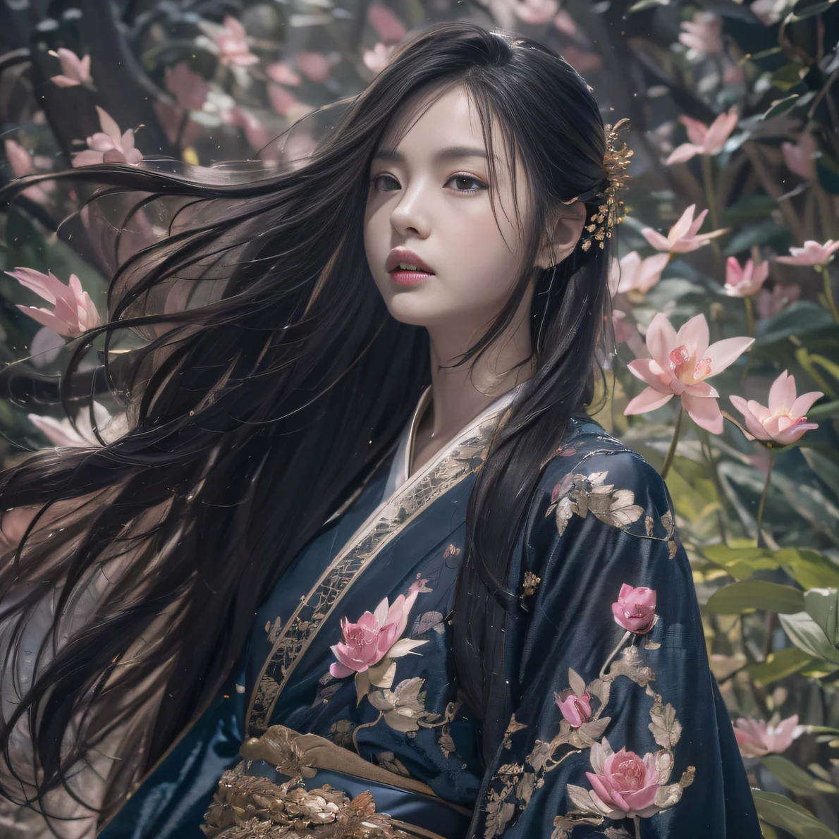 32K(tmasterpiece,k hd,hyper HD,32K)Long flowing black hair,ponds,zydink, a color, Aozhou people (Concubine girl), (Silk scarf), Combat posture, looking at the ground, long whitr hair, Floating hair, Carp pattern headdress, Chinese long-sleeved clothing, (abstract ink splash:1.2), Pink petal background,Pink and white lotus flowers fly(realisticlying:1.4),Black color hair,Fallen leaves flutter,The background is pure, A high resolution, the detail, RAW photogr, Sharp Re, Nikon D850 Film Stock Photo by Jefferies Lee 4 Kodak Portra 400 Camera F1.6 shots, Rich colors, ultra-realistic vivid textures, Dramatic lighting, Unreal Engine Art Station Trend, cinestir 800,Long flowing black hair,Denim skirt