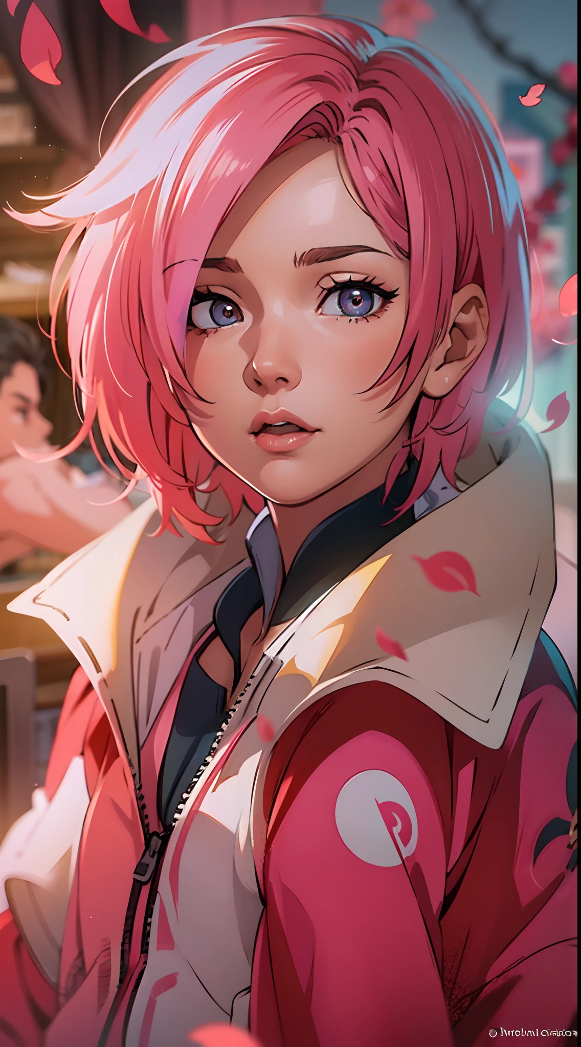 Sakura haruno, seductive, ((forehead to show)), attractive, sexy eyes, red coat, pink hair, delicate, young, short hair, detailed face, high definition, full body, from League of Legends, trend in artstation, by rhads, andreas rocha, rossdraws, makoto shinkai, laurie greasley, lois van baarle, ilya kuvshinov and greg rutkowski