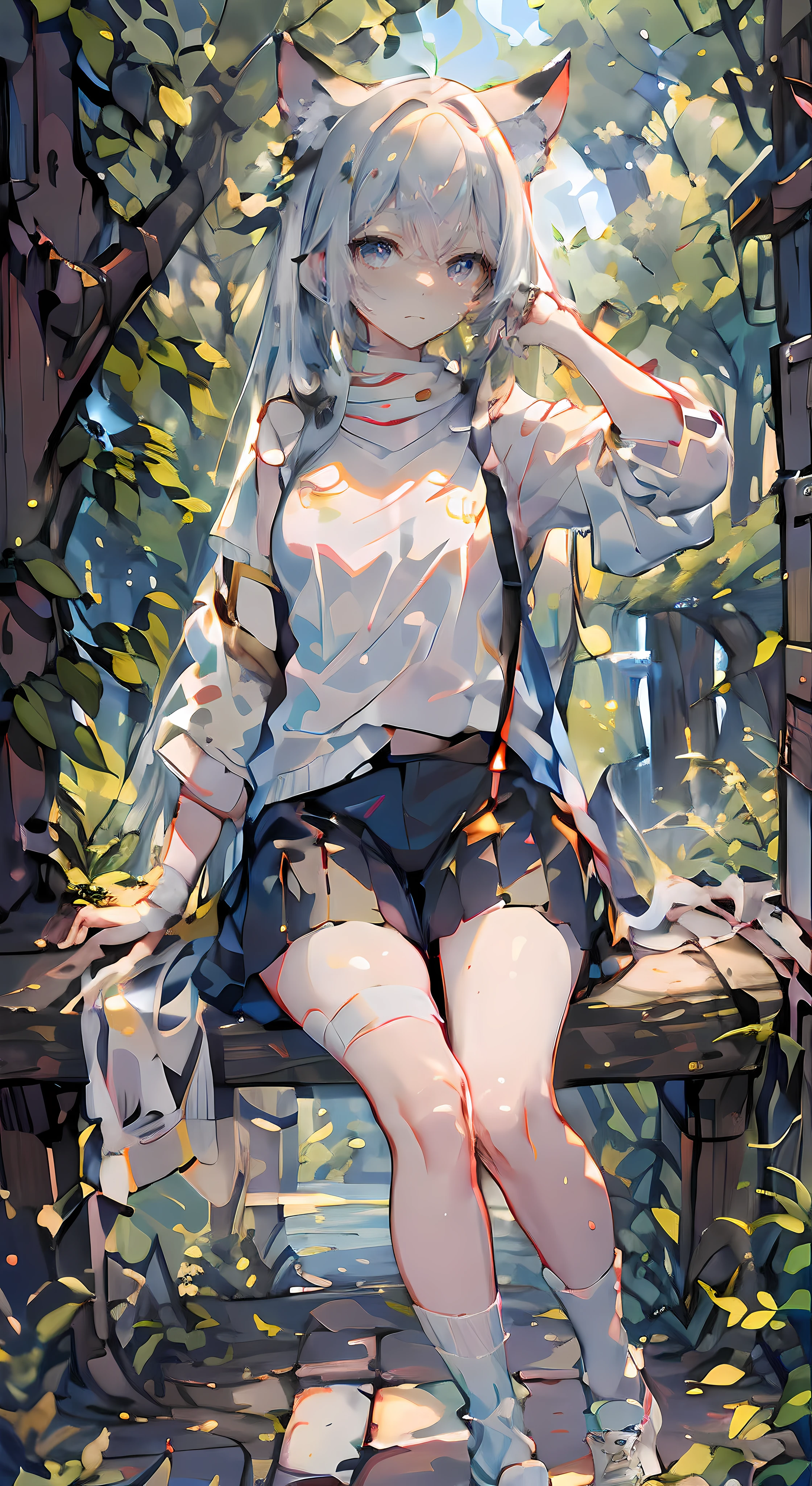 An extremely delicate and beautiful girl,8k wallpaper,tmasterpiece,电影灯光,best qualtiy,illustratio,detailed face portrayal,Dramatic angles,1girll,独奏,the fruits,nakeness,coda,whaite hair,food,shoe,Sleeve over wrist,eBlue eyes,standing on your feet,sockes,bandaid on leg,Adhesive bandage,围巾,Finger covers,Take it,longer sleeves,Animal ear,A plant,leafs,Black socks,white shoe,athletic sneakers,full bodyesbian,The tree,signatures,Medium hair,white backgrounid,Red scarf, Long hair, Gray eye, Gray Shoes, a skirt, a black skirt, looking at viewert, Sweaters, tree branch, By bangs, shorter pants, Black shoes, grassy fields, Black shorts, Bandages on the knees, titles,