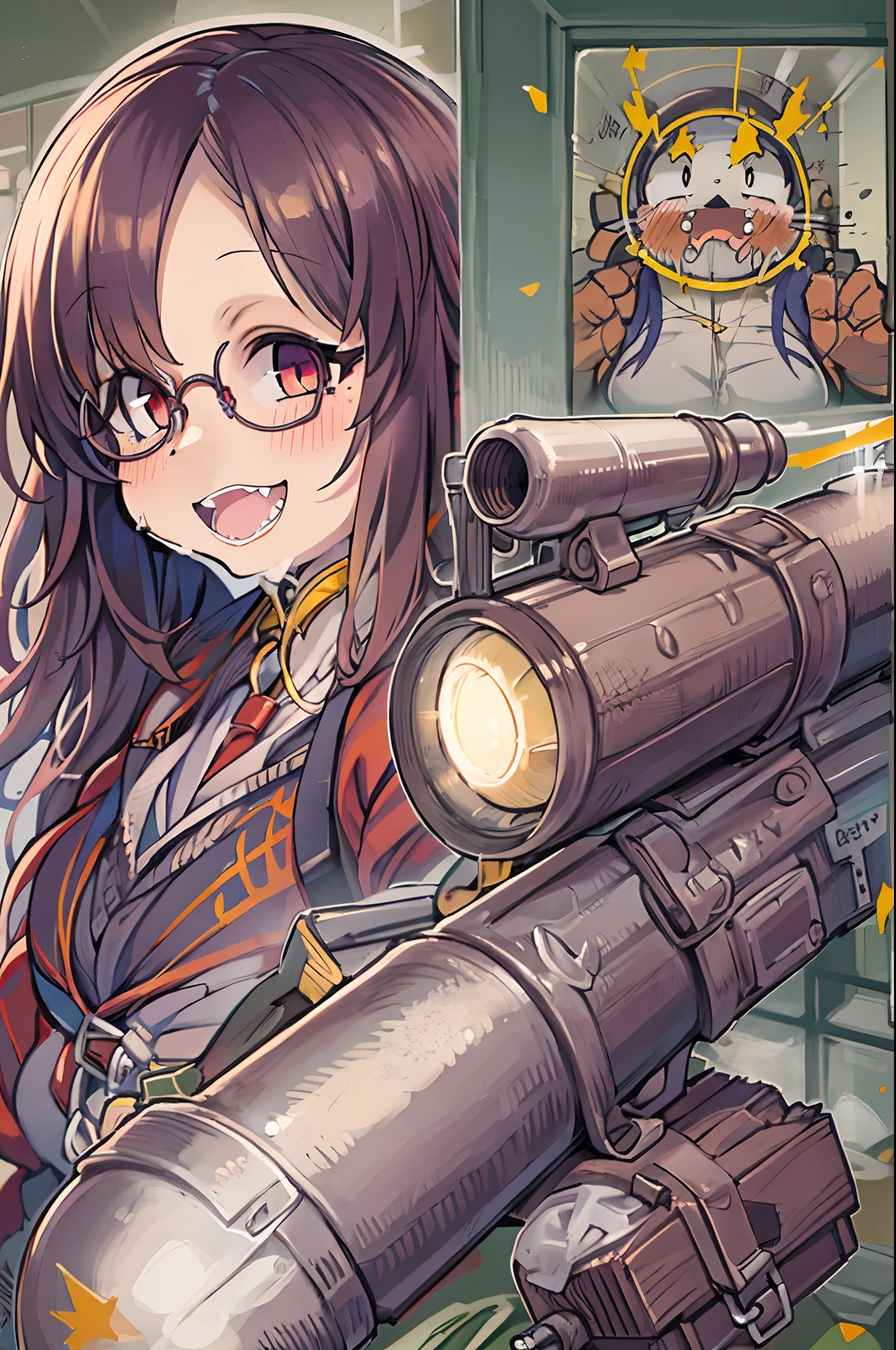 masutepiece, Best Quality, 1girl in, Sharp eyes, Cultivated woman, Smile,rocket launcher、big round glasses,