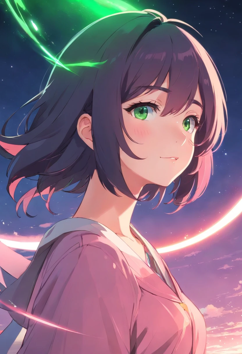 Crie uma imagem de uma personagem 2D de anime com cabelo rosa que atinge sua cintura, pale skin like the moon and mesmerizing green eyes. Their sharp fangs accentuate their vampiric appearance.