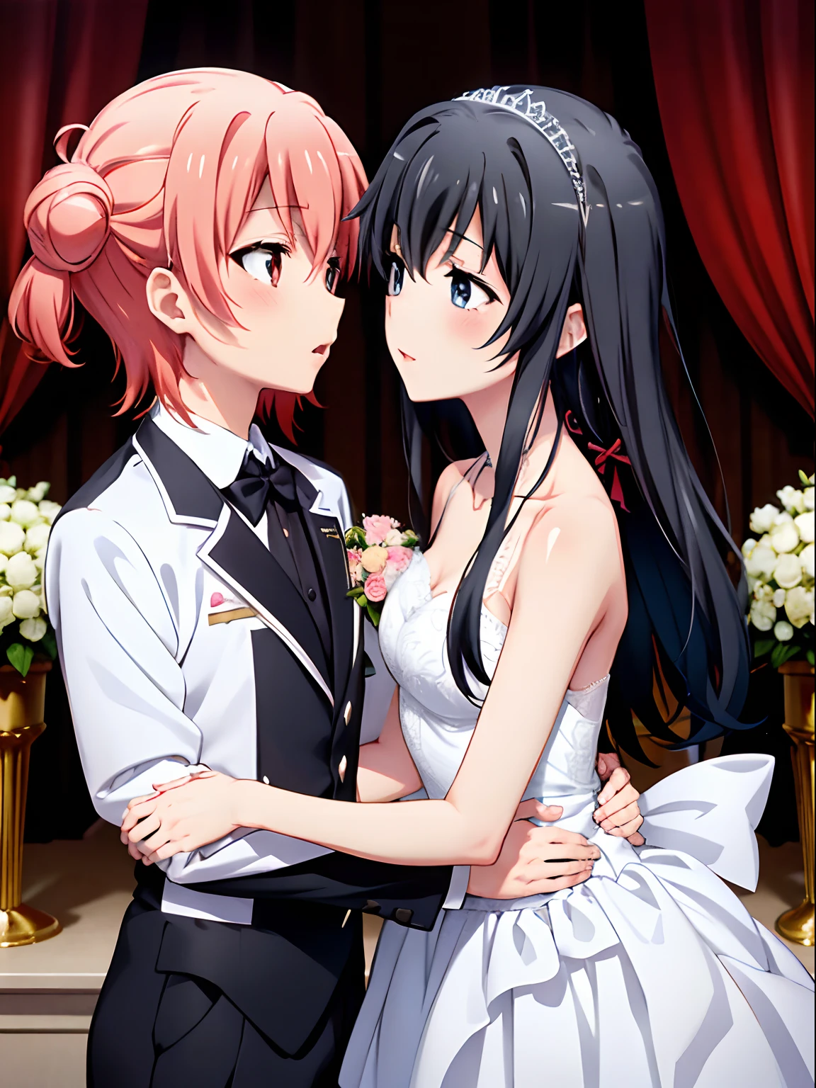 Yukinoshita yukino in a tuxedo marriage her wife yuigahama yui in wedding Dress, kissing, yuri, 2girls, yukinoshita prince , Yuigahama princess
