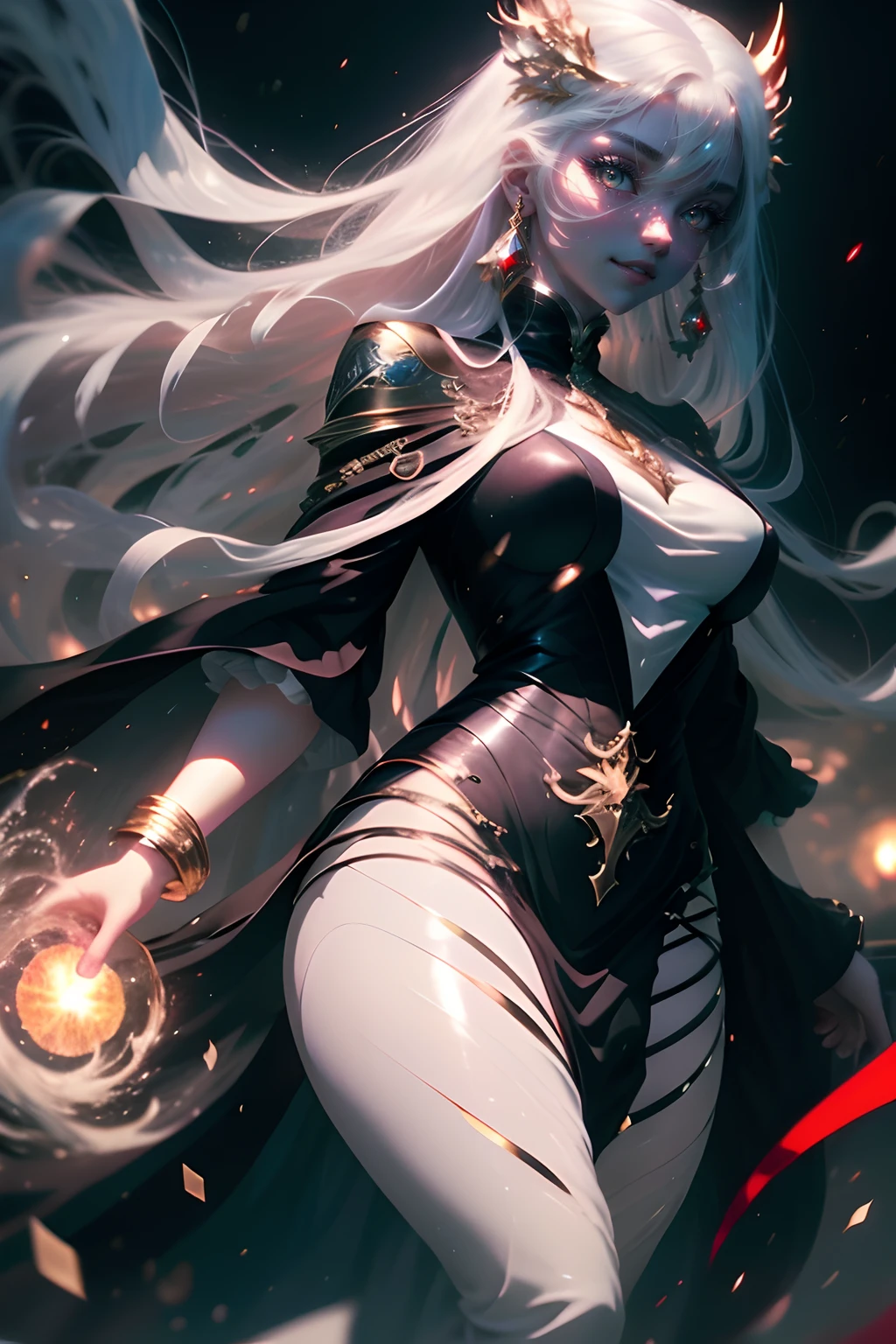 (simple hands:0.5)+(detailed hands:0.7), (masterwork), (best quality), white hair, dragon eyes,1girl, pale skin, white hair, red eyes, two tone hair, eyelashes, bracelet, jewelry, smile, gleaming skin, shiny hair, detailed and majestic stage, Fantasy, Long Hair, 1 girl, two-tone hair, night sky, Incredibly detailed CG illustration masterpiece, looking at you, anime, beautiful anime eyes, beautiful detailed eyes, eyes, glittering eyes, red eyes, galaxy, nebula, (full body), (curvy),
