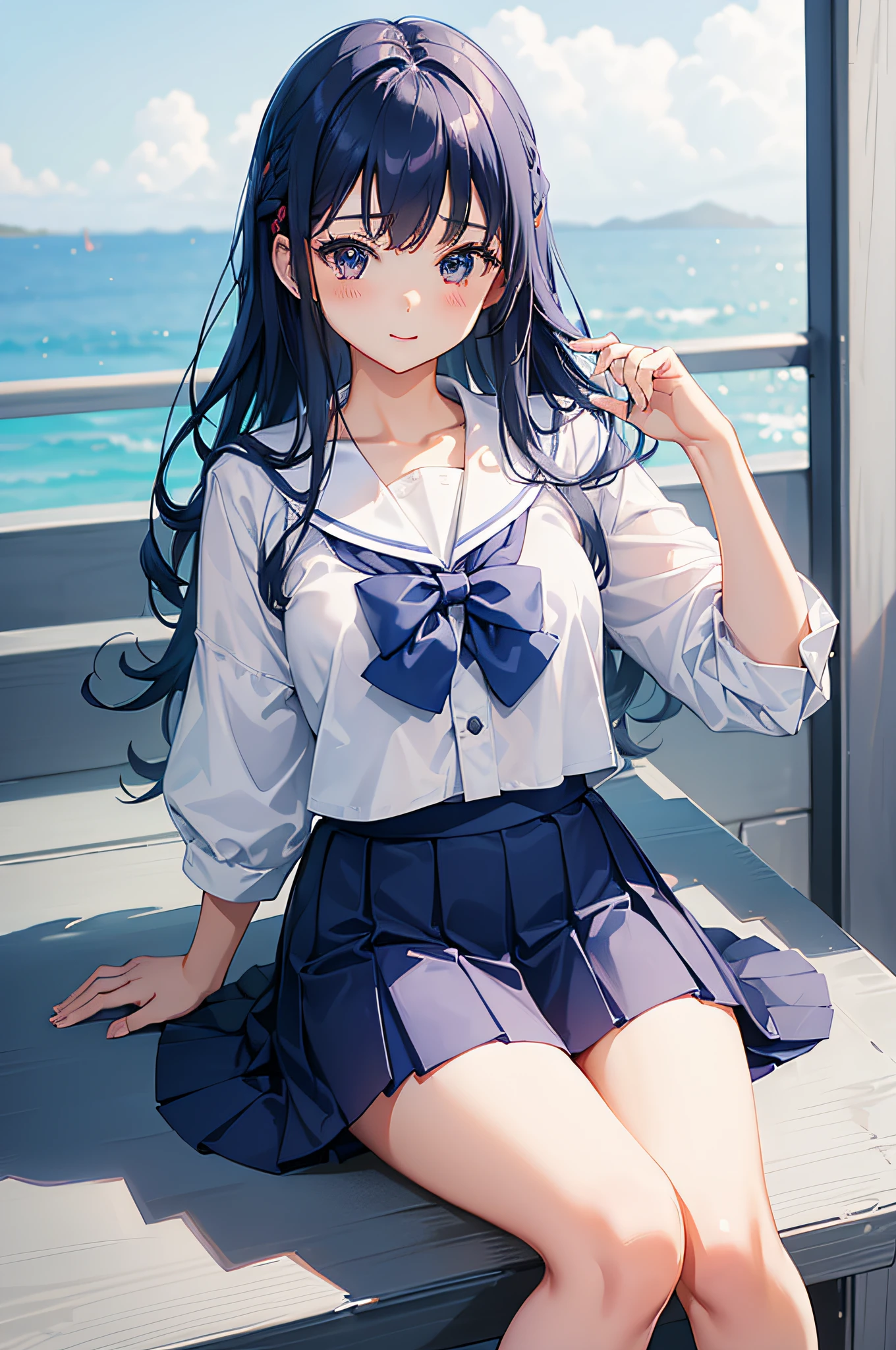 1 girl, smile, shirt, skirt, (small) chiralism, Japan high school school uniform, seravuk, summer clothes, squall-wet uniform, sheer bra, (portrait from knee up),