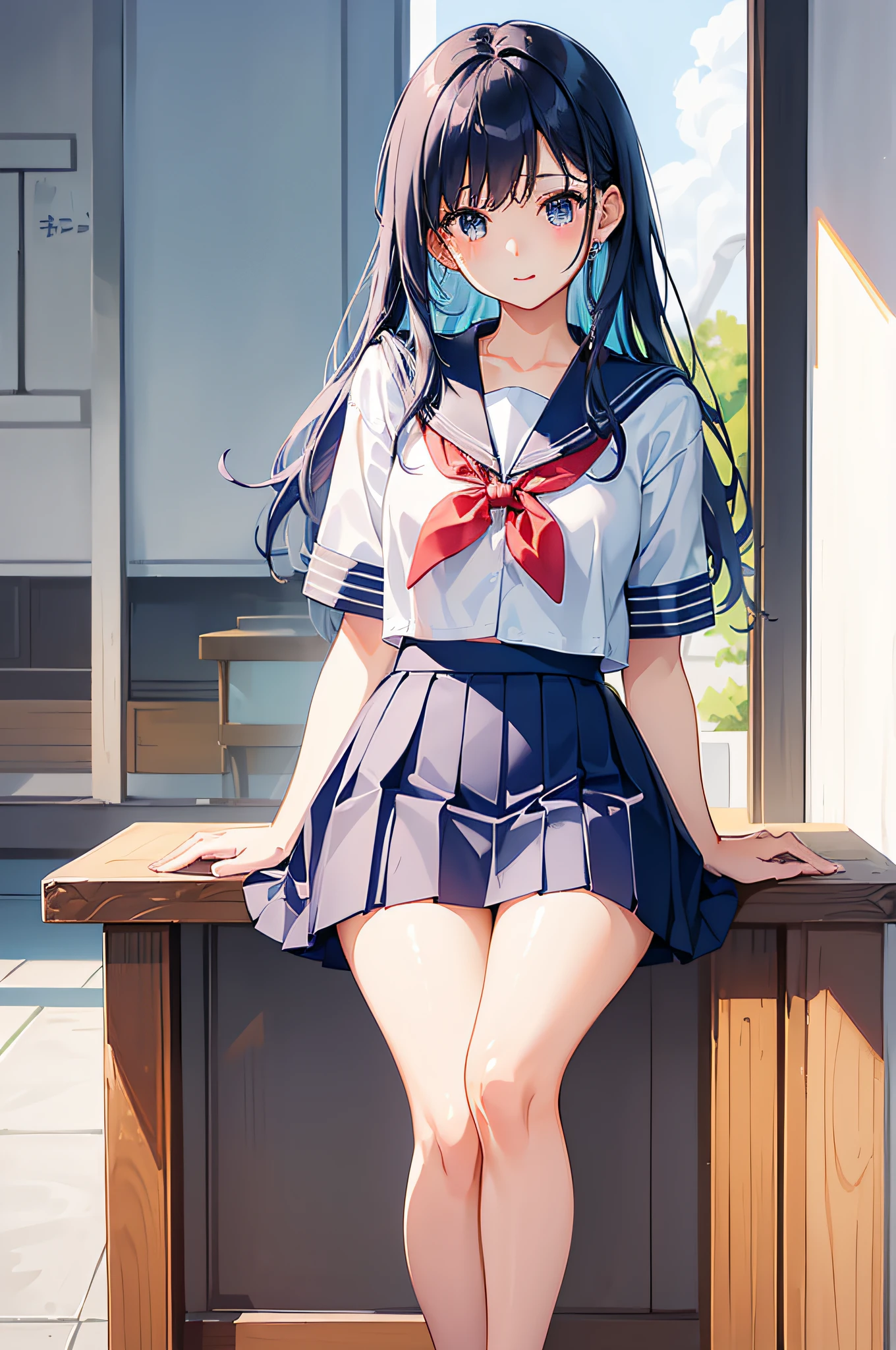 1 girl in、Cute Beautiful Girl、((Show off your thighs))、(Japan schoolgirl uniform)、(in a white shirt)、((Navy blue micro mini skirt))、(Flipping skirt)、(sky blue hair)、(17 age)、summer clothing、lightsmile、sitting on、(Opening legs)、the pose、(school classrooms)、top-quality、photos realistic