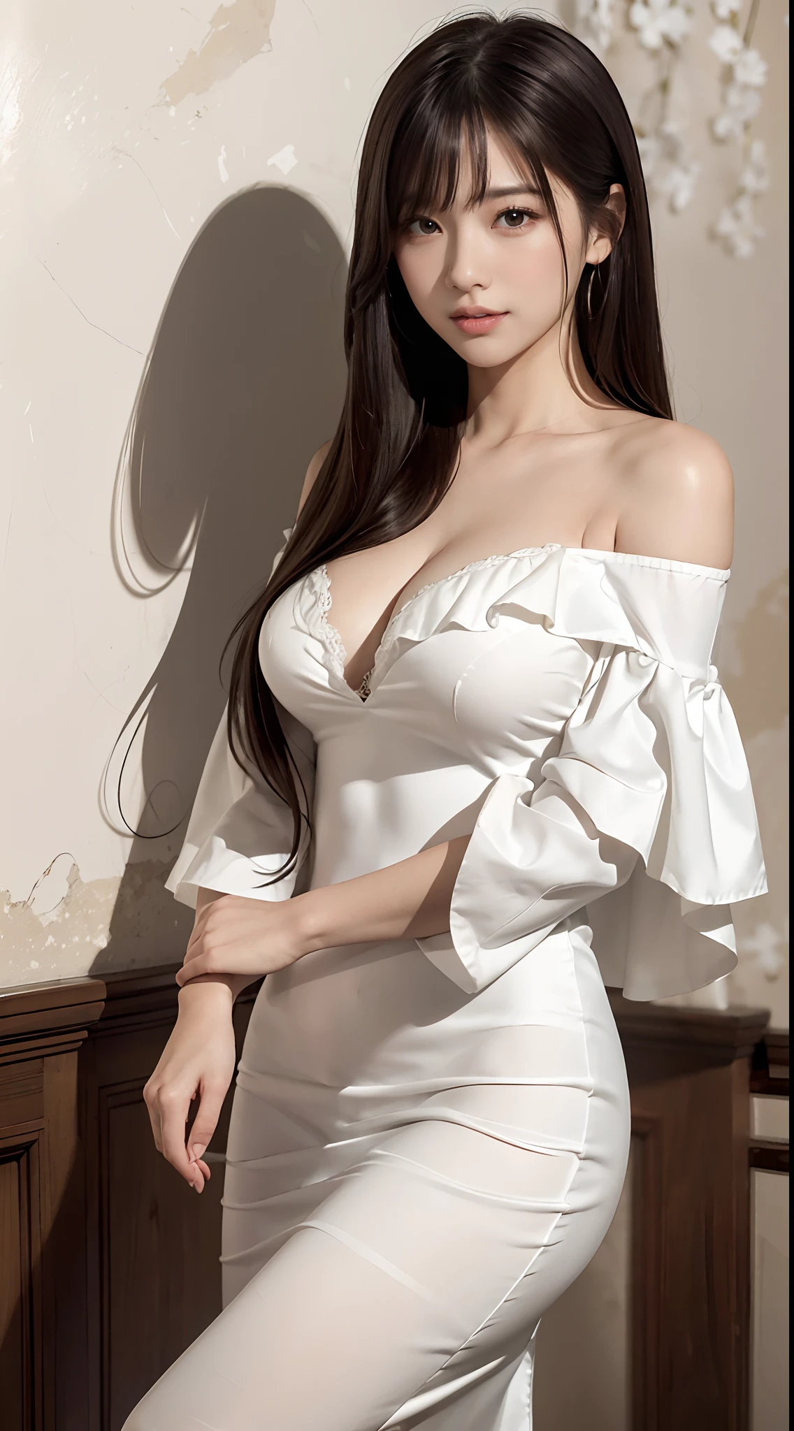 (A hyper-realistic)、(illustratio)、(hight resolution)、(8K)、(ighly detailed)、(Best Illustration)、(beautifully detailed eyes)、(top-quality)、(ultra-detailliert)、(masterpiece)、(wall-paper)、(A detailed face)、独奏、1 girl in、looking at viewert、fine detailed、A detailed face、A smile、long、straight haired、46-point diagonal bangs, (silk dresses)(off shoulders)、Stand against the wall