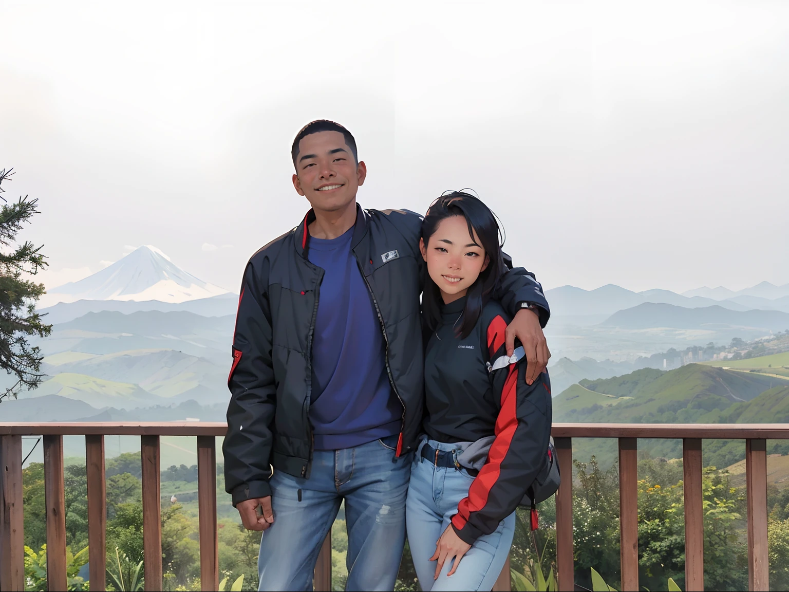 there are two people standing on a deck with a view, with mountains in the background, in volcano, lovely couple, with mountains in background, touring, with mountains as background, wpol and sarasti, couple, standing close to volcano, happy couple, moutain in background, on a mountain, in mountains, during sunset, at borobudur
