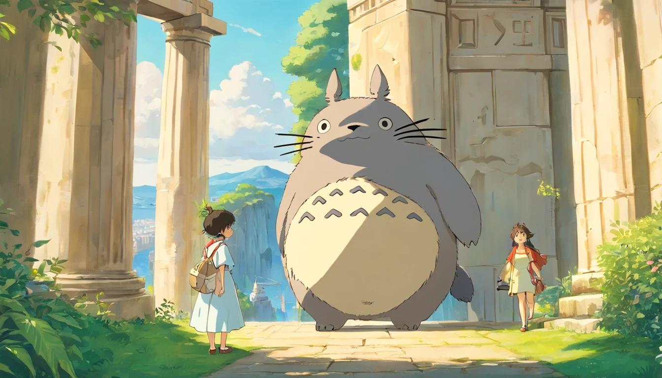 Ghibli style,Greece,((The background is a distant view of the Parthenon)),((Totoro with beautiful girl and cute big cat))