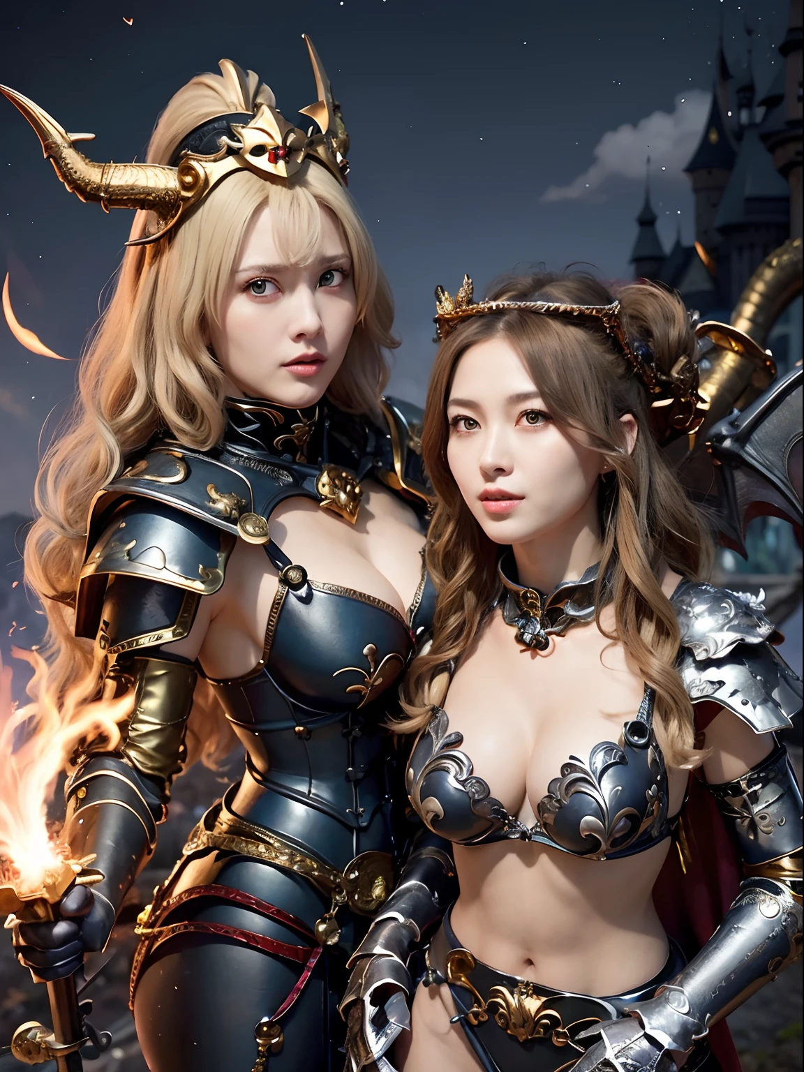 Professional , masterpiece、top-quality、photos realistic , depth of fields 、(Dragon Black Metal Body:1.9),(Matte Blue Silver、(Night World)、(cleavage of the breast)、Dragon Gold Weapon、(Micro Bikini Armor:1.4),Mystical expression、Gorgeous gold weapons ,(Fight dragons)、Seductive look、(( Dragon's dense and gorgeous sword)) , (demonic wings) ,Detail and gorgeous crown、((a blond))、(Castle background)、((Gangle's forest background))、Beautiful Caucasian beauty、1a person、dynamic ungle,(((Detailed and ornate dragon helmet)))、Smaller head、A smile、Castle background、Thin and beautiful female hands、cleavage of the breast、Soldier in iron armor on background、Mystical expression、Light Effects、intense fighting、Wind-effect、magic circles、With the legendary magic wand、Dragon's tail、fight、
