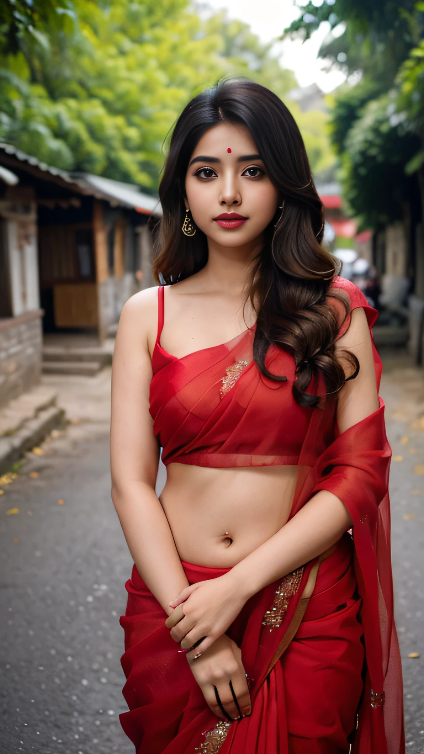 (((desi girl))), chubby face, natural skin, wearing red saree, charming black hair, ((hair ends are blonde)), greenary village background, bokeh