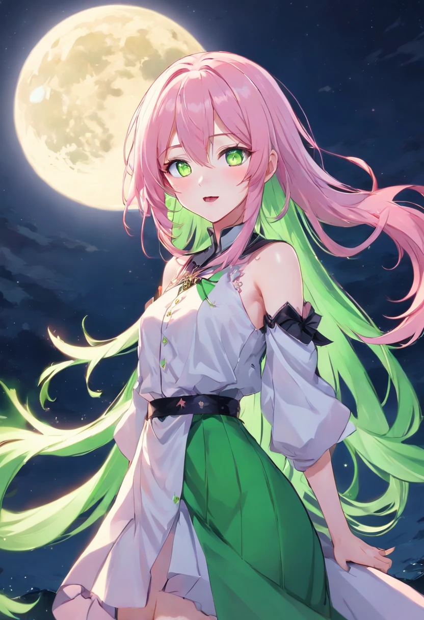 The image is of a beautiful woman wearing a tight fitting uniform. The woman has long flowing pink hair with strands of braided hair tied with red ribbon throughout. She has gorgeous green eyes that shine like emeralds. Her face is youthful and gorgeous. Her breasts are ample and seem too large for her uniform. She is short in height but well developed -a short stack. She blushes as you look at her. She's standing in an autumnal forest. In the distance is a serene body of water. It's night time and a full moon lights the scene. A gentle breeze suspends fallen autumn leaves around her. The wind lifts up her skirt revealing her blue and white striped panties. The image is ultra detailed with gorgeous colors, perfect line work, and detailed shading. The image really portrays the sexiness of the character. YasogamiFemaleWinter, black shirt, long sleeves, black sailor collar, yellow neckerchief, grey skirt, black thighhighs, autumn, serene water, lifted skirt, panty reveal, night time, gentle breeze,