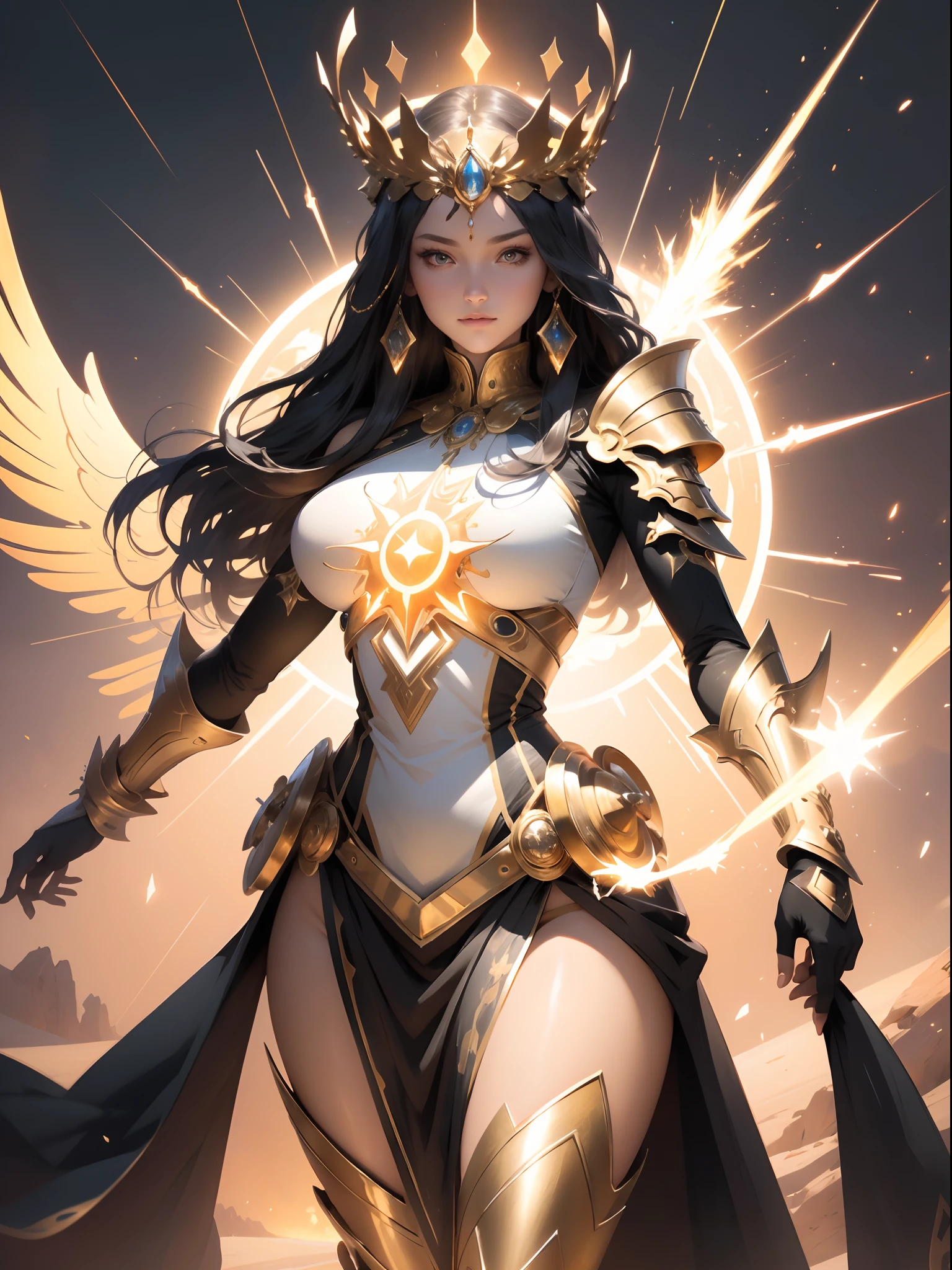 1girl, beautiful sun empress, detailed eyes, detailed face, mature face, athletic body, looking at viewers,full body, light smile,detailed skin,mature body, tall body,seductive body,medium big breast, medium thigh, detailed clothes BREAK desert and pyramid backgrounds, holding only one long and thick sun scepter, phoenix dragon in sky, highly saturating sunbeams, holy ceremony, angelic halo, golden and orange spark dazzling around, holy magic circle, golden crown , golden majical lightning, best quality, masterpiece, trending on Art station,BREAK,Detailed,Realistic,4k highly detailed digital art,octane render, bioluminescent, cinematic lighting BREAK 8K resolution concept art, realism,by Mappa studios,masterpiece,best quality,official art,illustration,ligne claire,(cool_color),perfect composition,absurdres, fantasy,focused,