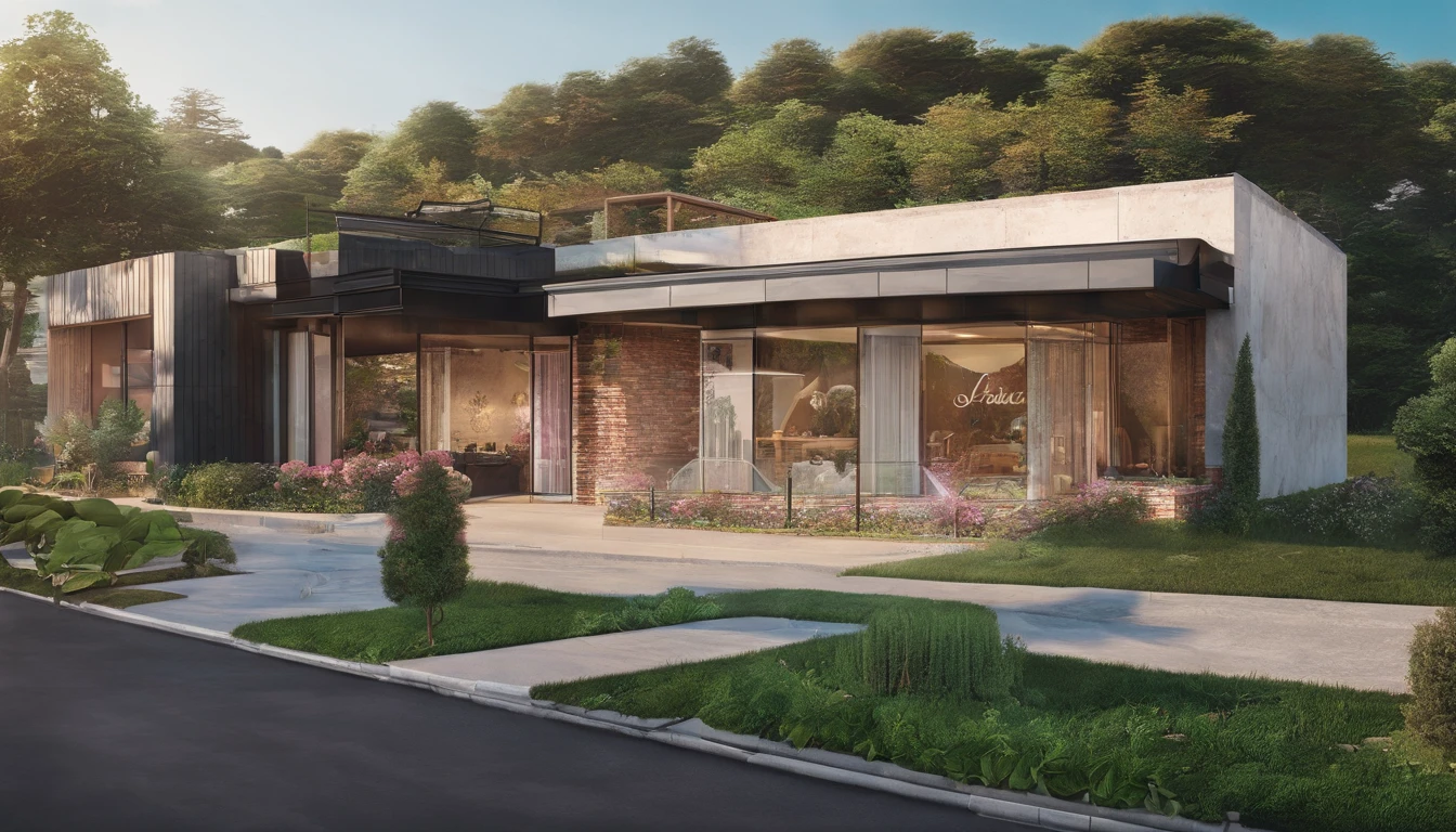 Rose-like house,There are windows,There is a doorway,Renderings of the exhibition hall,Disney style, 3D modeling,C4D style,wide wide shot,8K,