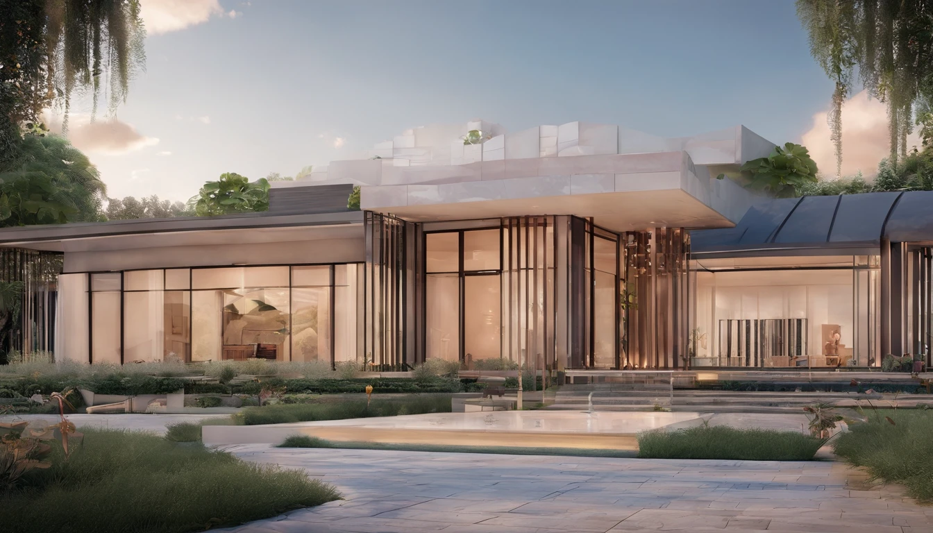 Rose-like house，There are windows，There is a doorway，Renderings of the exhibition hall，Disney style， 3D modeling，C4D style，wide wide shot，8K，