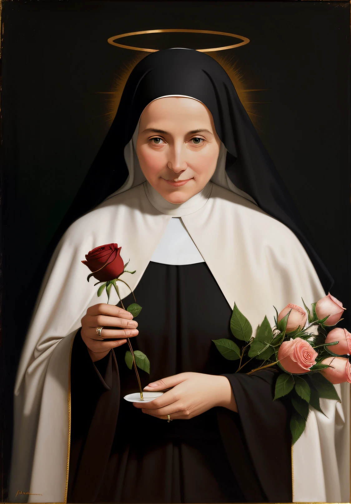 Saint Rose of Lima realist, ultra realisitic, put a white dress and a black cape on her like a nun, put a headband of roses on her head, make her more adult, looking appreciatively at the crucifix that is on his hands. head tilted, AND SHE LOOKS MORE LIKE A NUN, friend, NOT SO SERIOUS, not so young, and with more red roses and she looks like a nun, she is looking at the crucifix that is stretched out over her hands, angle of the crucifix is laid over her hand, is standing, looking at the crucifix that is lying on the handle, crucifix leaning over her hand, forearm-sized crucifix