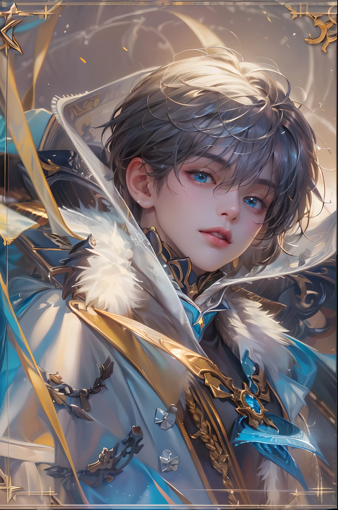 (absurdres, highres, ultra detailed, HDR), masterpiece, best quality, Android Game Character , short hair, handsome boy, anime eyes, Mobile Legends Hero, detailed scebe, detailed character