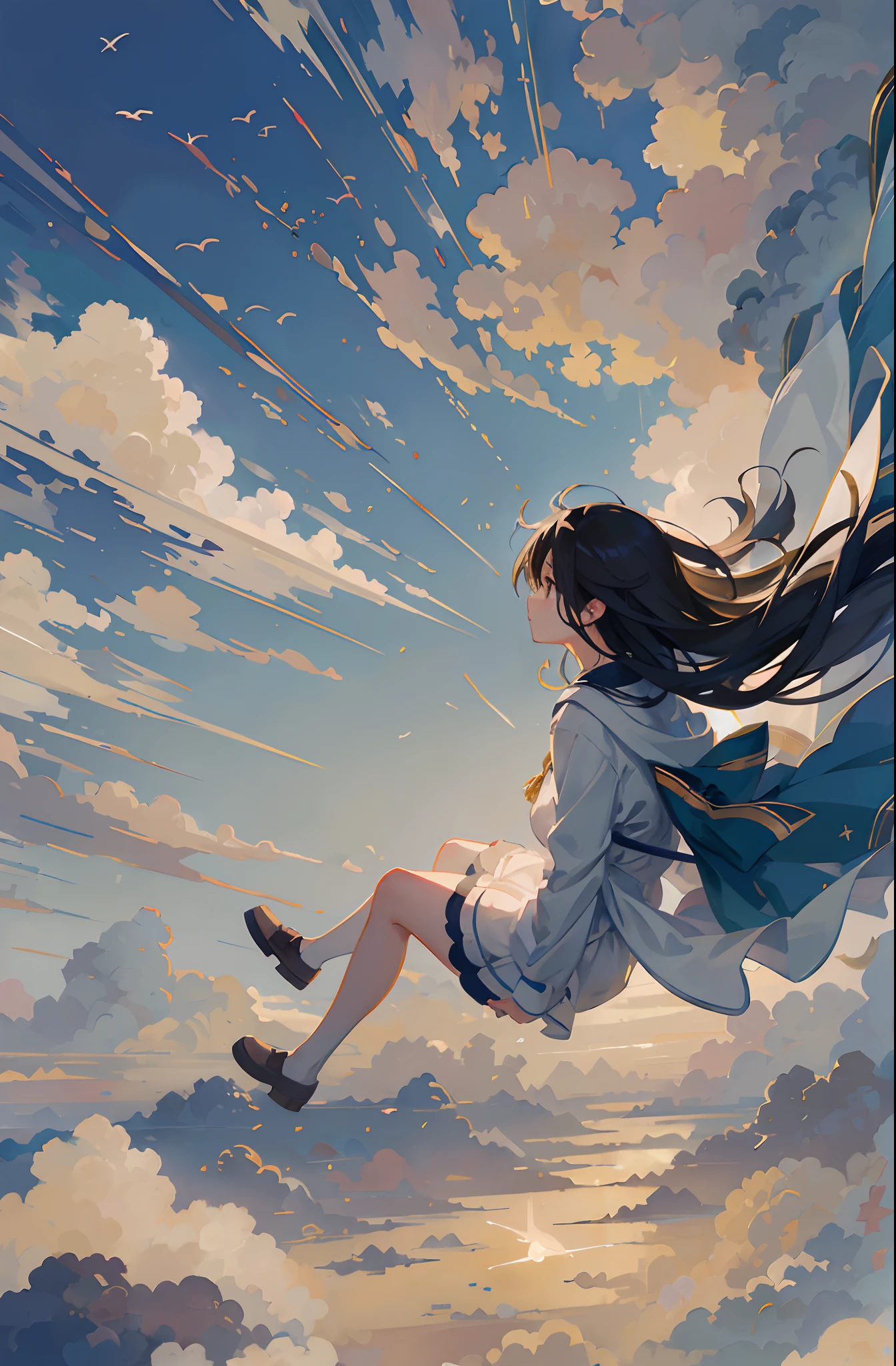 Create exquisite illustrations reminiscent of Makoto Shinkai's style, It has ultra-fine details and top-notch quality, Create illustrations featuring children frolicking freely in a calm sky of enchanting whims and nostalgic. The sky itself exudes an aura of enchantment and nostalgia, Dreamy casting, hazy atmospheres. It serves as their endless playground, Full of surprises and possibilities. When they soar through the air, Their laughter and joy are carried by the breeze, Creating an image of carefree exploration. The clouds above form a picturesque background, Add a dreamy nostalgic quality to your scenes. This moment is、zora々Capture the essence of vibrancy, The magic of flying, Eta、The timeless charm of the sky