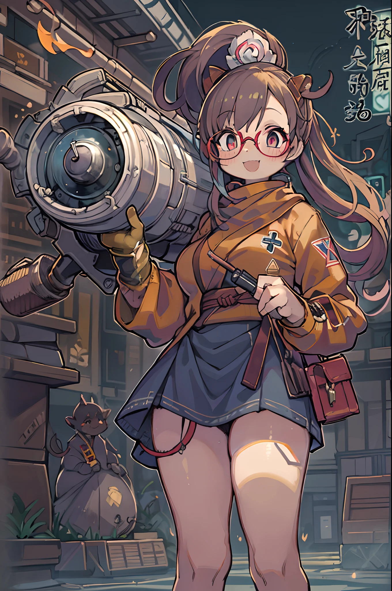 masutepiece, Best Quality, 1girl in, Sharp eyes, Cultivated woman,monks、 Smile,rocket launcher、big round glasses,